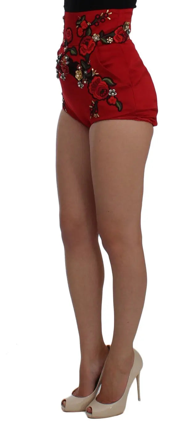 Dolce & Gabbana Red Silk Crystal Roses Shorts Dolce & Gabbana