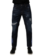 Dolce & Gabbana Dark Blue Cotton Tattered Skinny Denim Jeans - Zeiniez