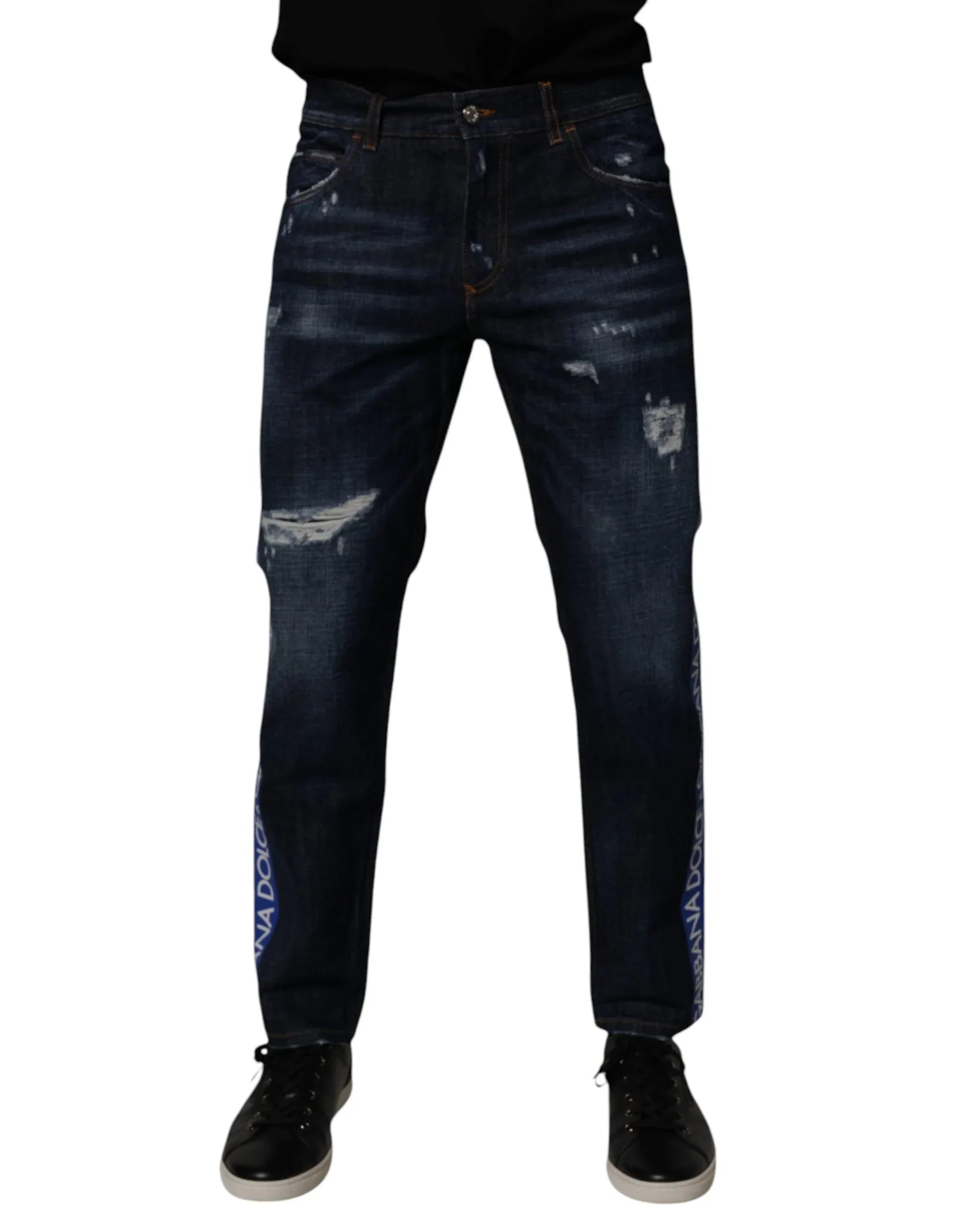 Dolce & Gabbana Dark Blue Cotton Tattered Skinny Denim Jeans - Zeiniez