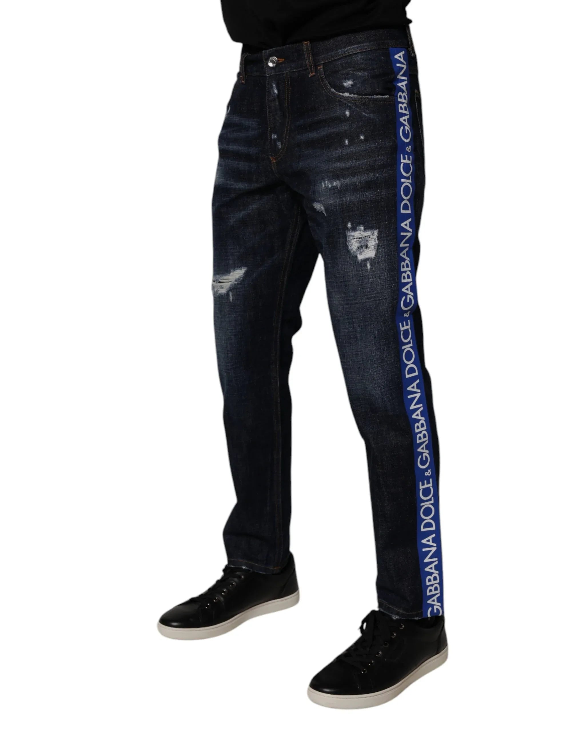 Dolce & Gabbana Dark Blue Cotton Tattered Skinny Denim Jeans - Zeiniez