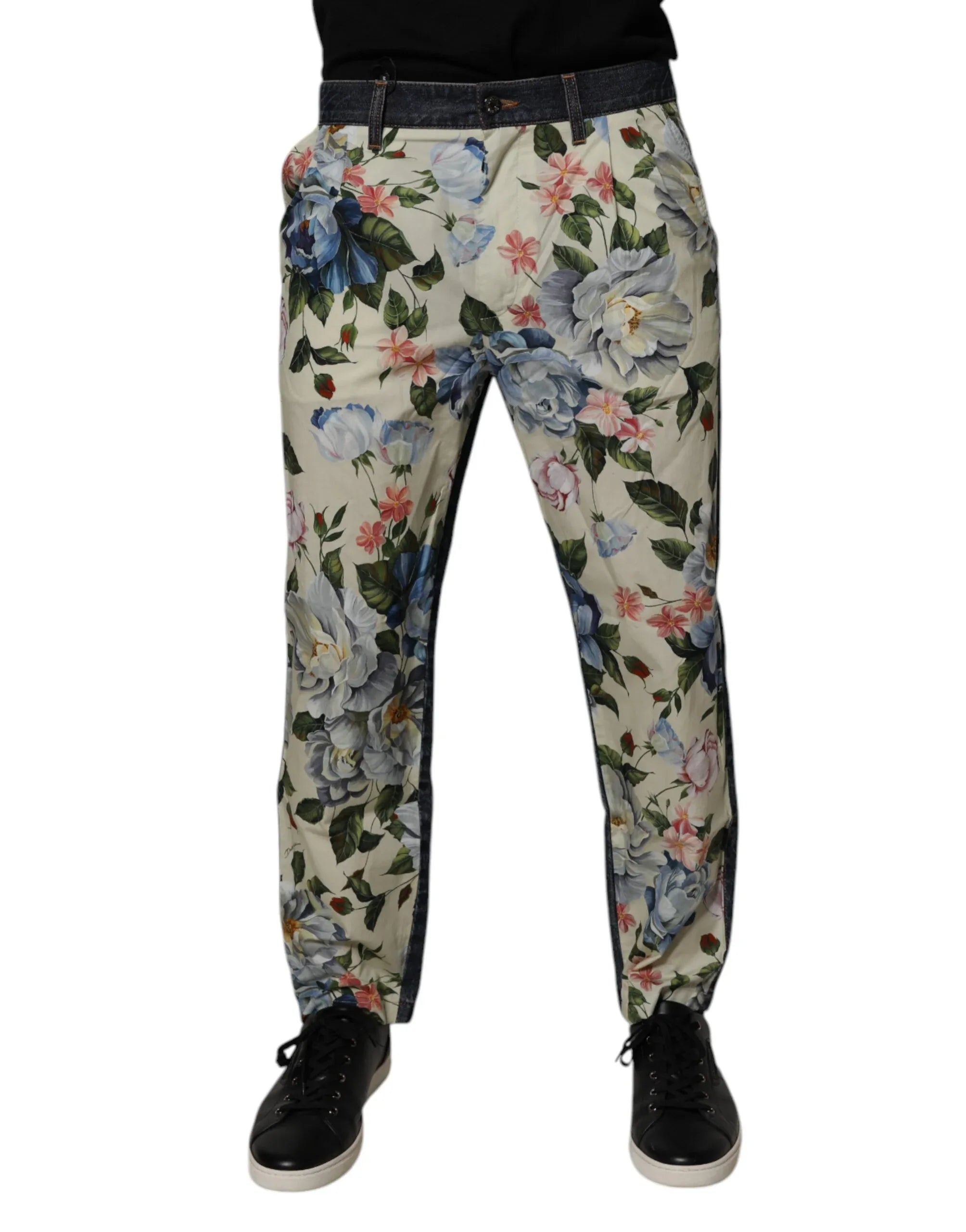 Dolce & Gabbana Beige Blue Floral Cotton Men Denim Jeans - Zeiniez