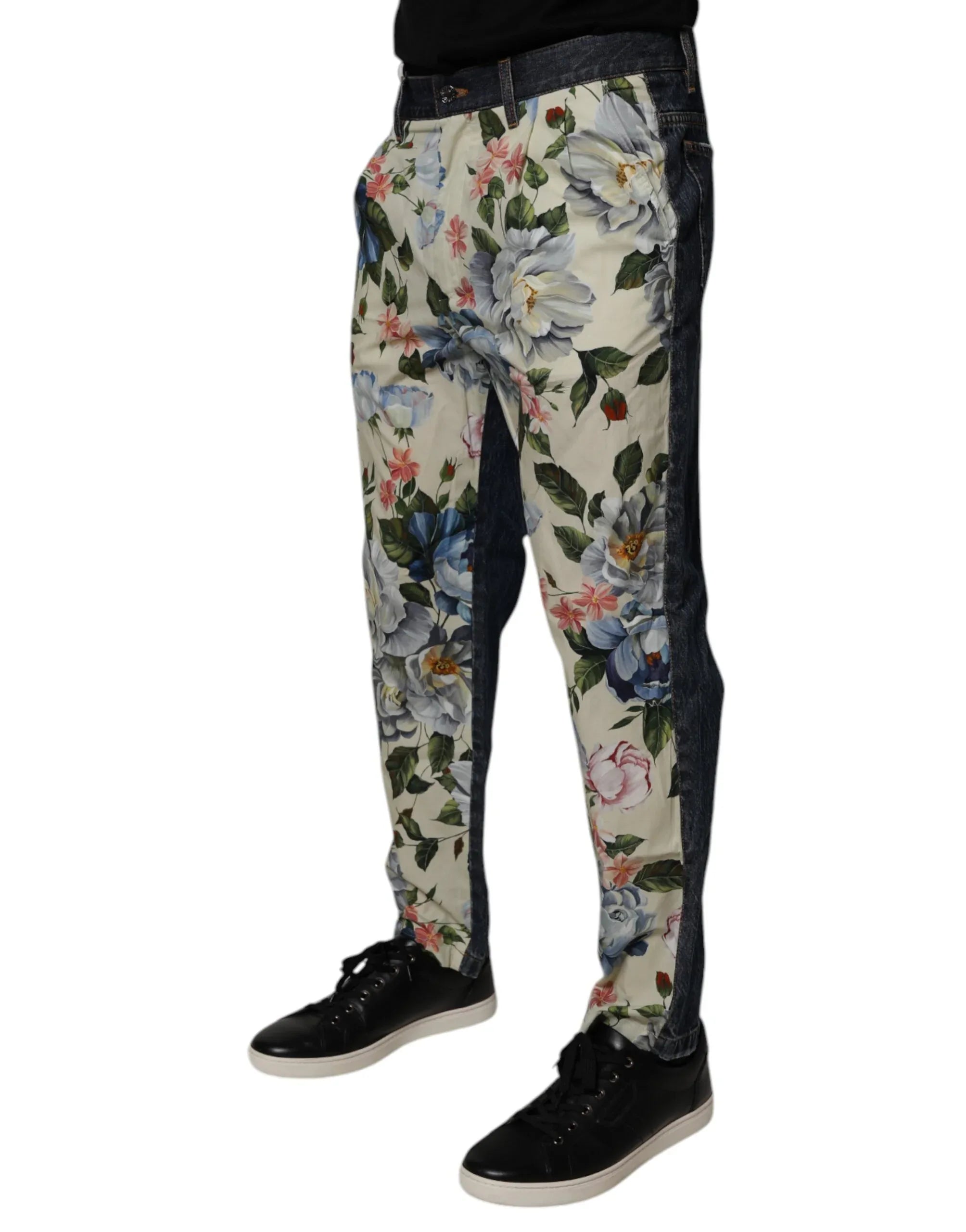 Dolce & Gabbana Beige Blue Floral Cotton Men Denim Jeans - Zeiniez
