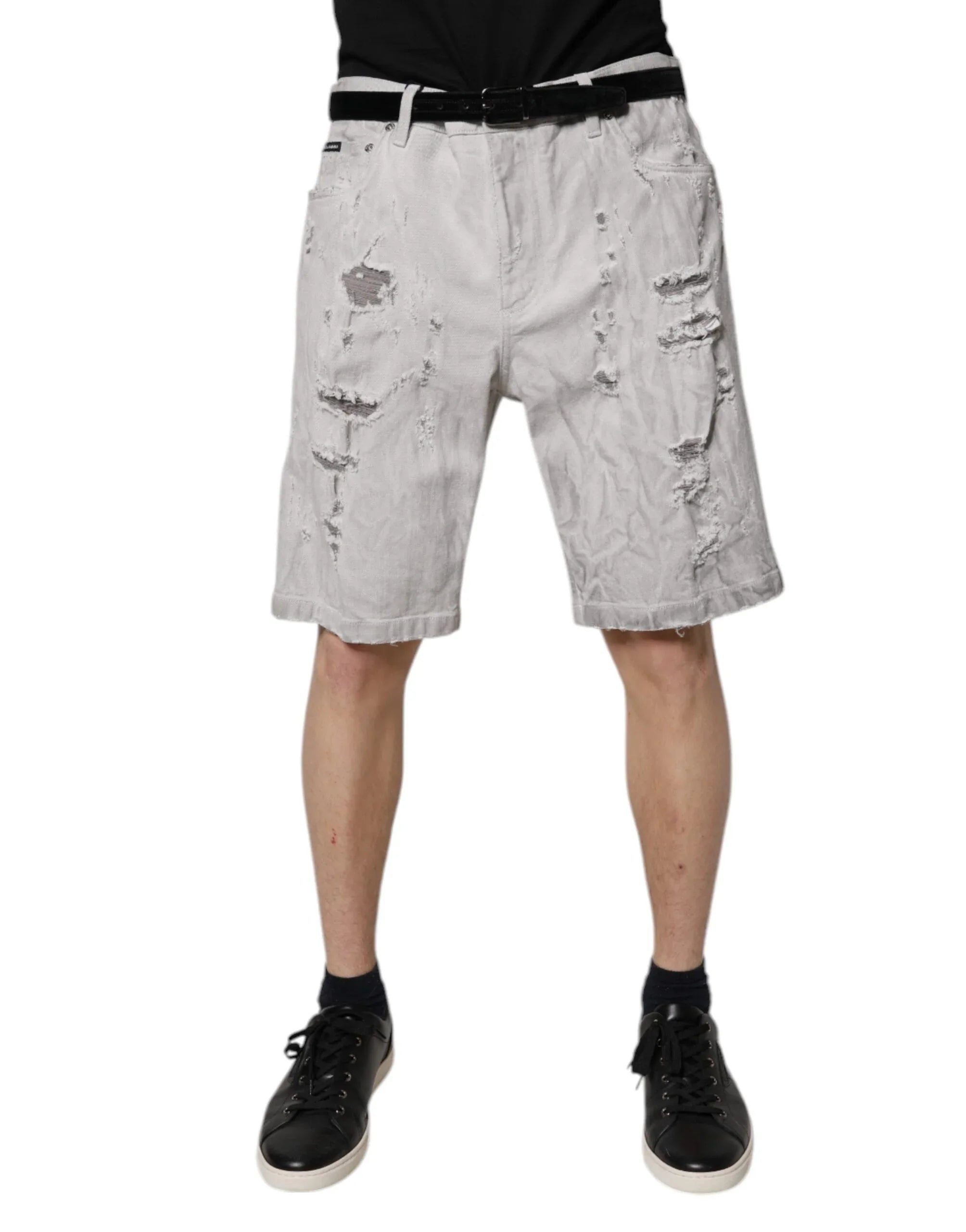 Dolce & Gabbana Light Gray Tattered Men Denim Bermuda Shorts - Zeiniez