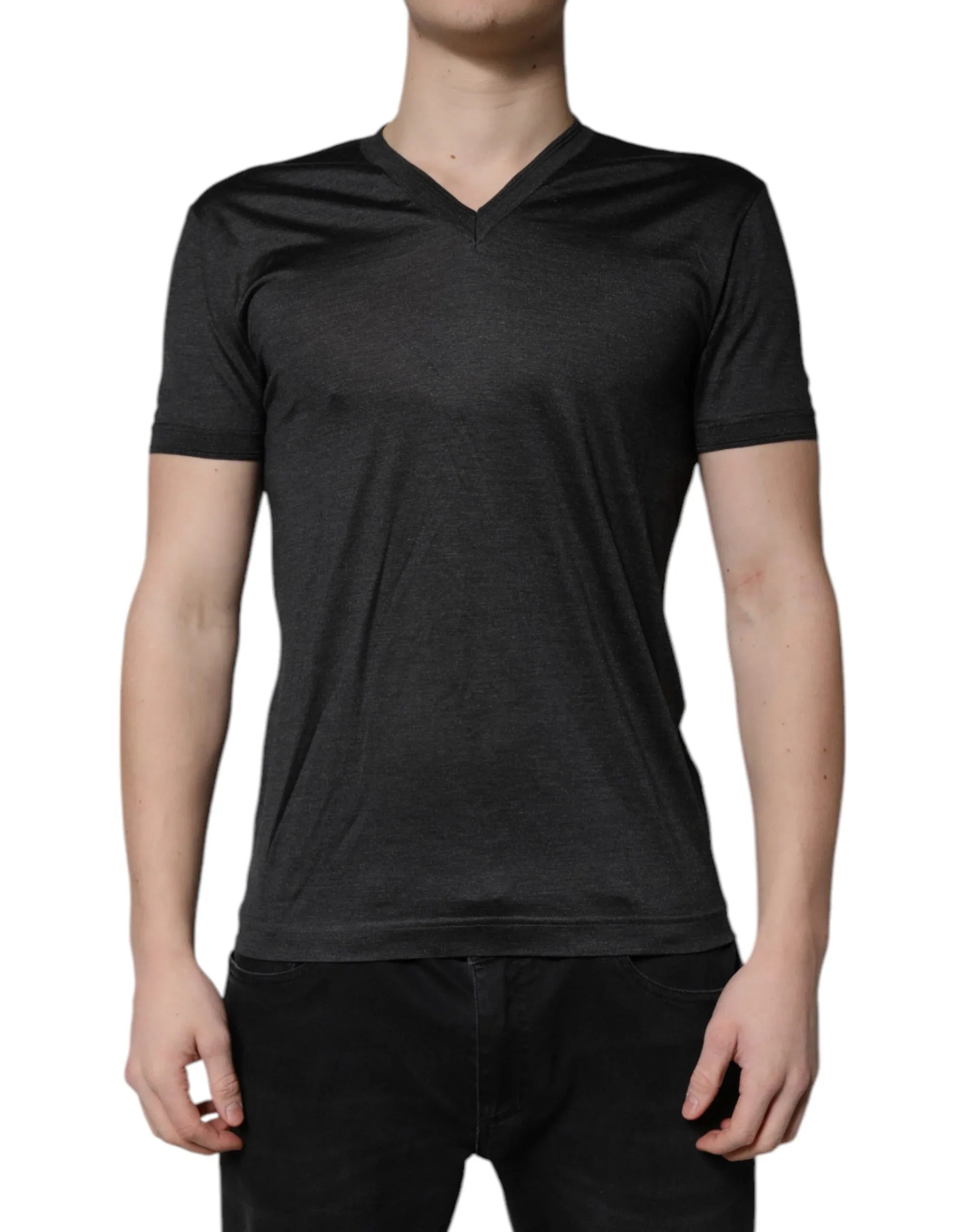 Dolce & Gabbana Dark Gray Silk V-neck Short Sleeves T-shirt - Zeiniez
