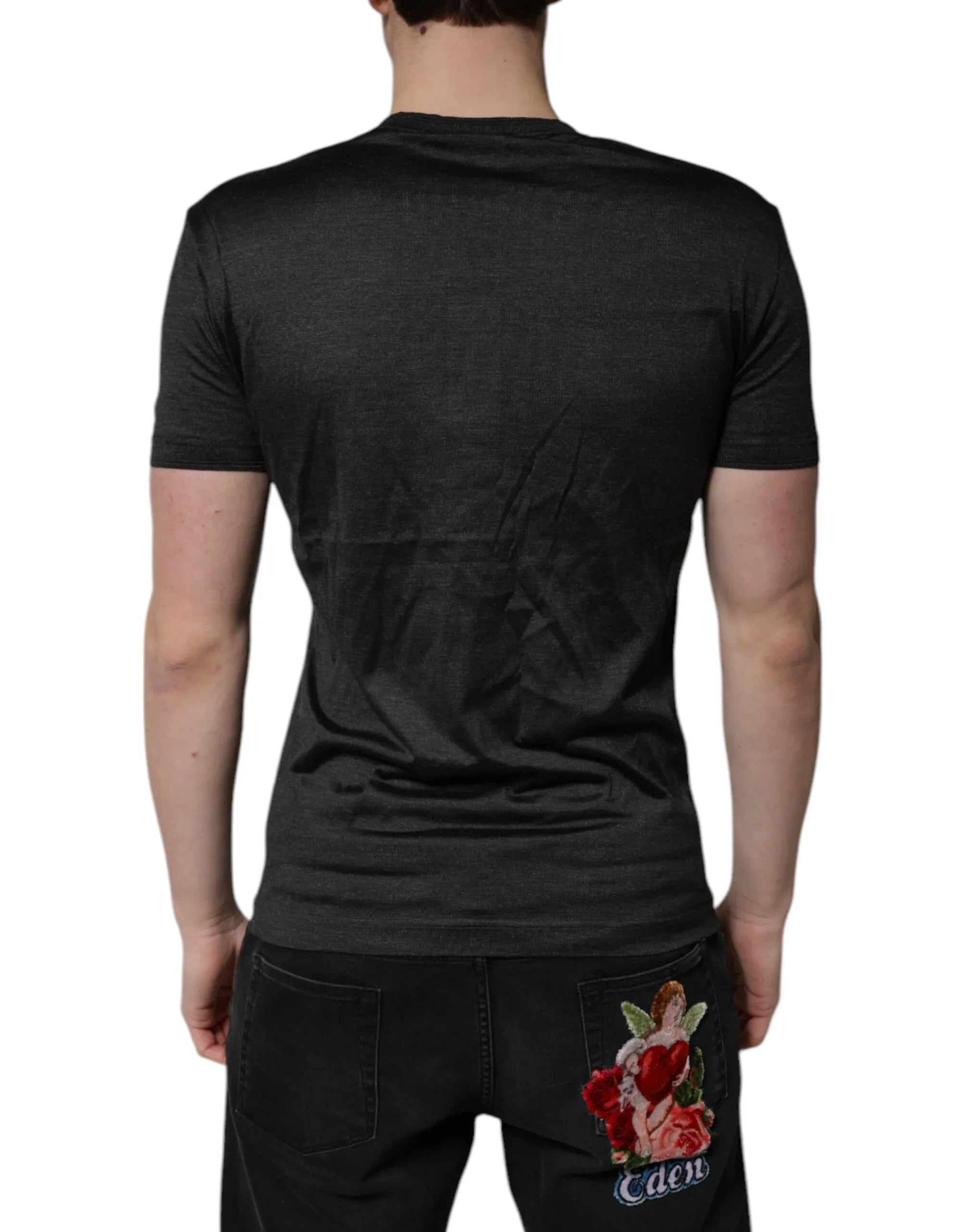 Dolce & Gabbana Dark Gray Silk V-neck Short Sleeves T-shirt - Zeiniez