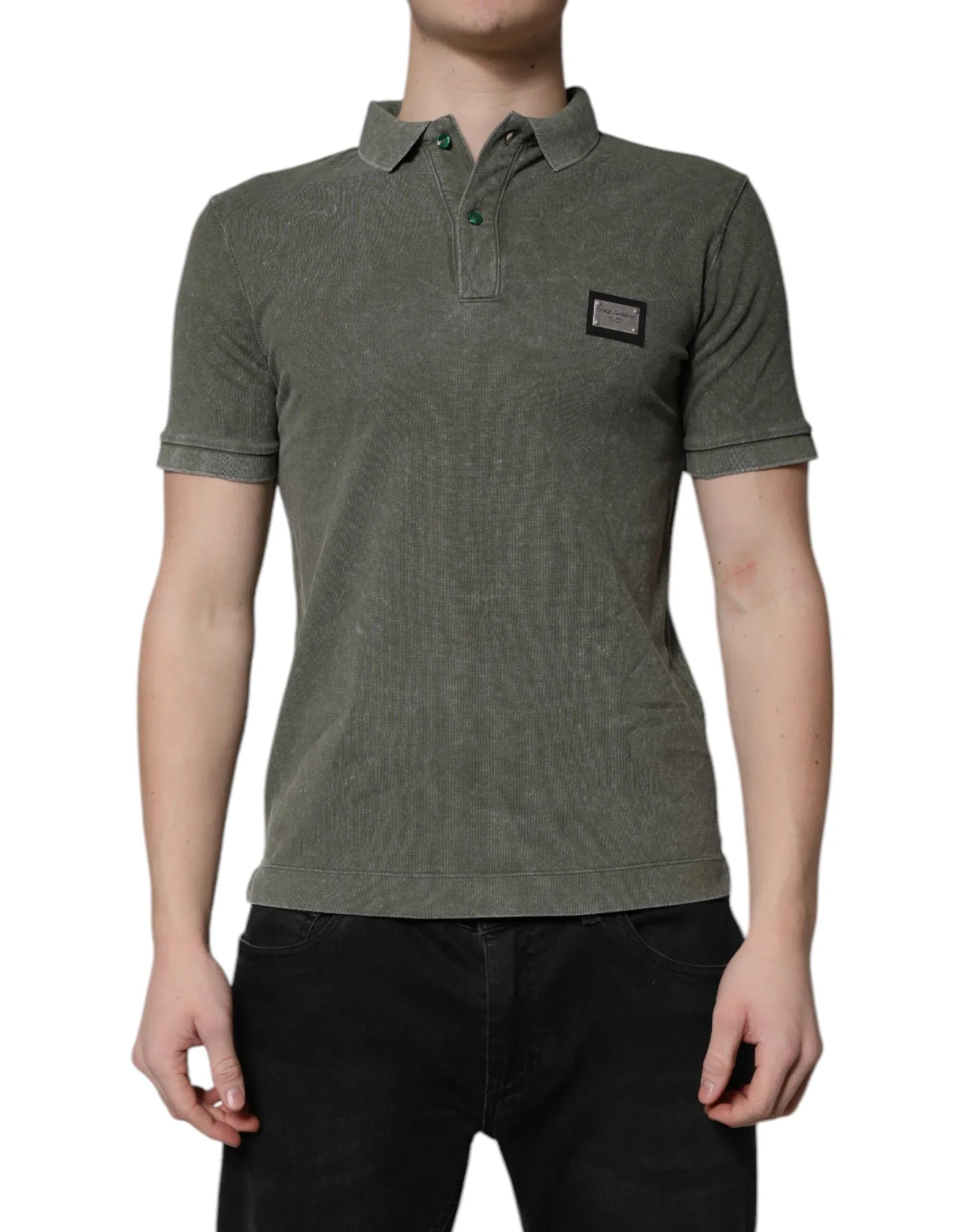 Dolce & Gabbana Army Green Logo Plaque Cotton Polo Shirt T-shirt - Zeiniez