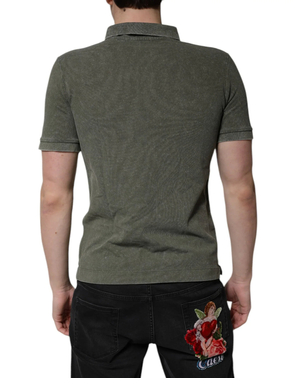 Dolce & Gabbana Army Green Logo Plaque Cotton Polo Shirt T-shirt - Zeiniez