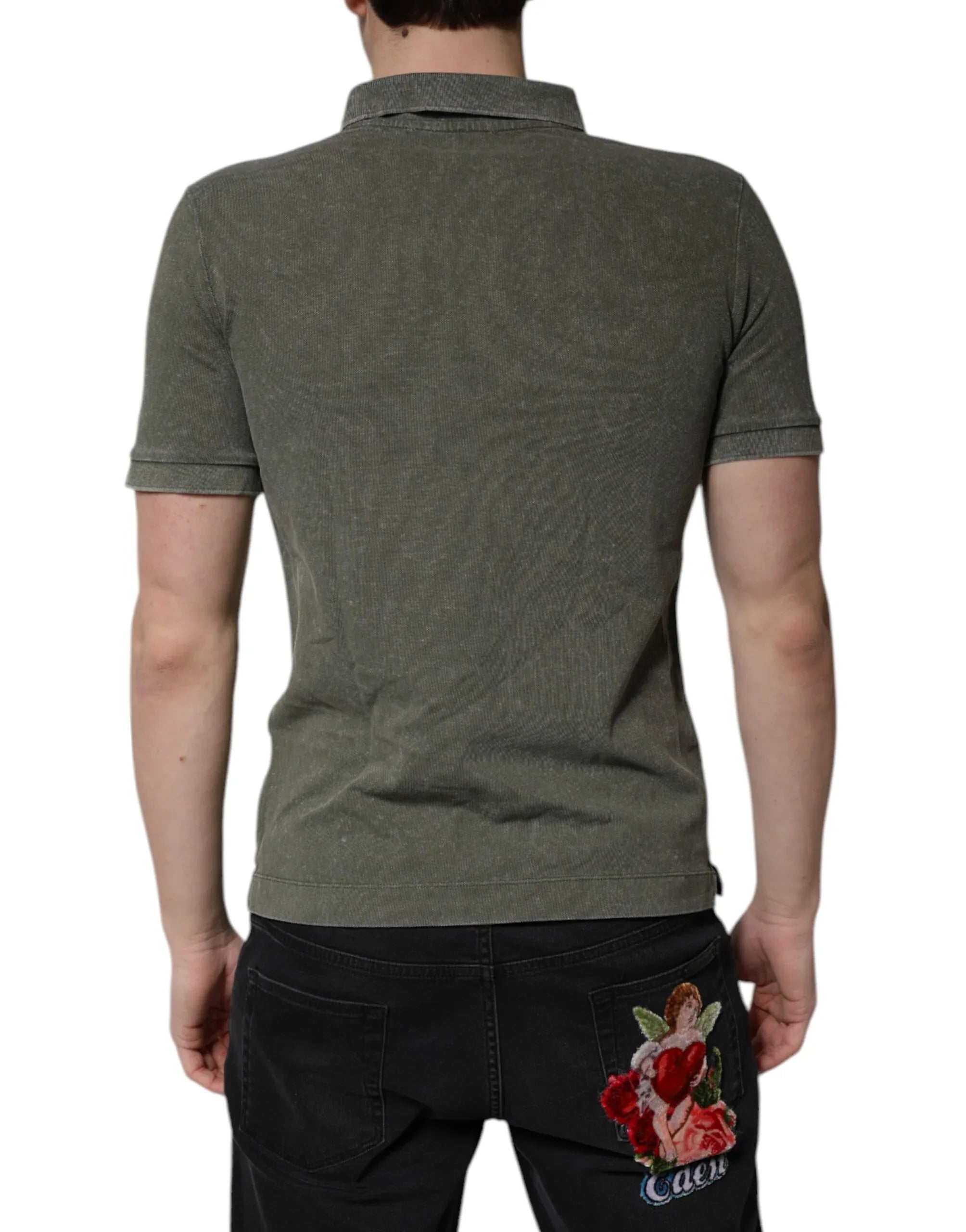 Dolce & Gabbana Army Green Logo Plaque Cotton Polo Shirt T-shirt - Zeiniez