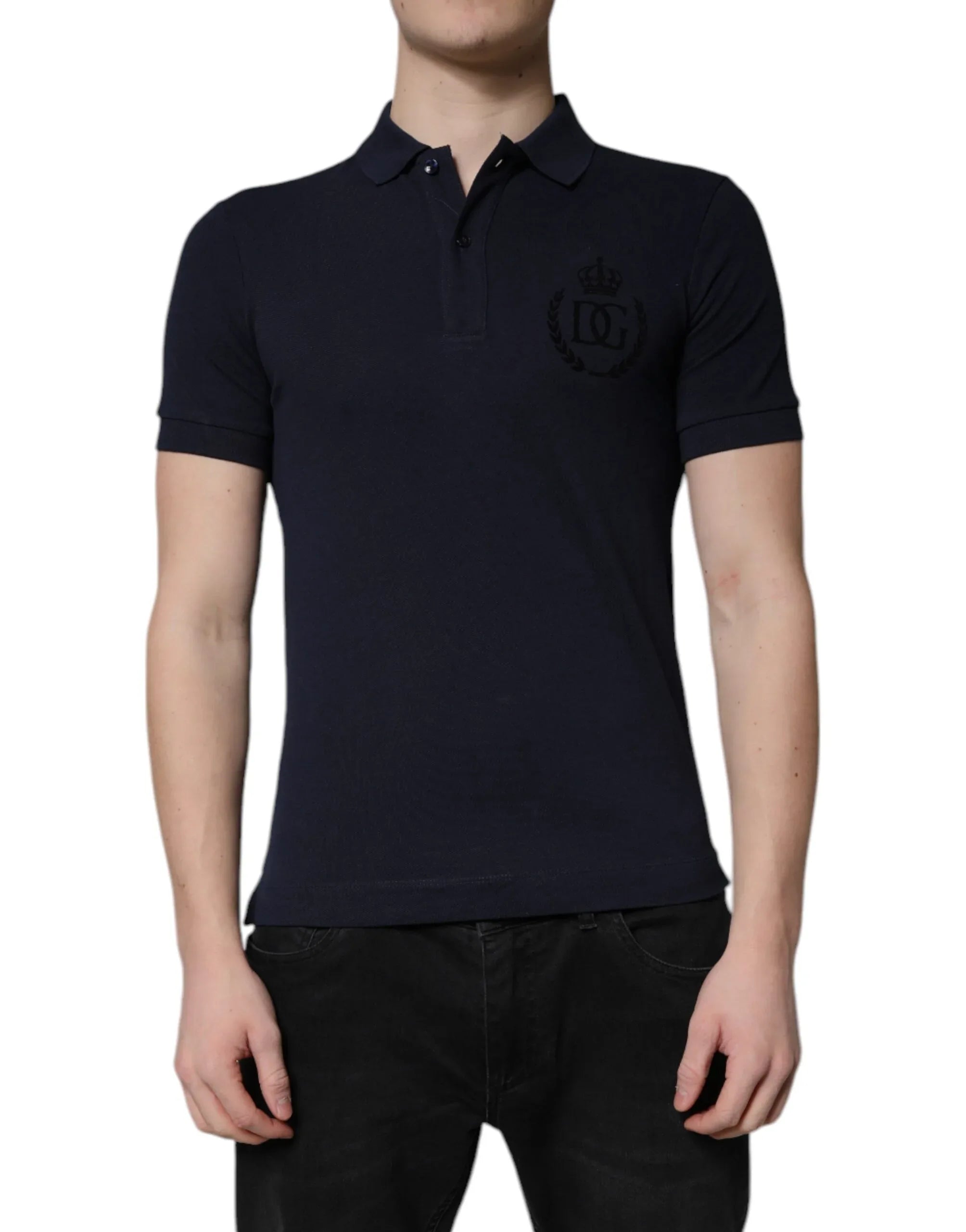 Dolce & Gabbana Dark Blue Cotton Crown Collared Polo T-shirt - Zeiniez