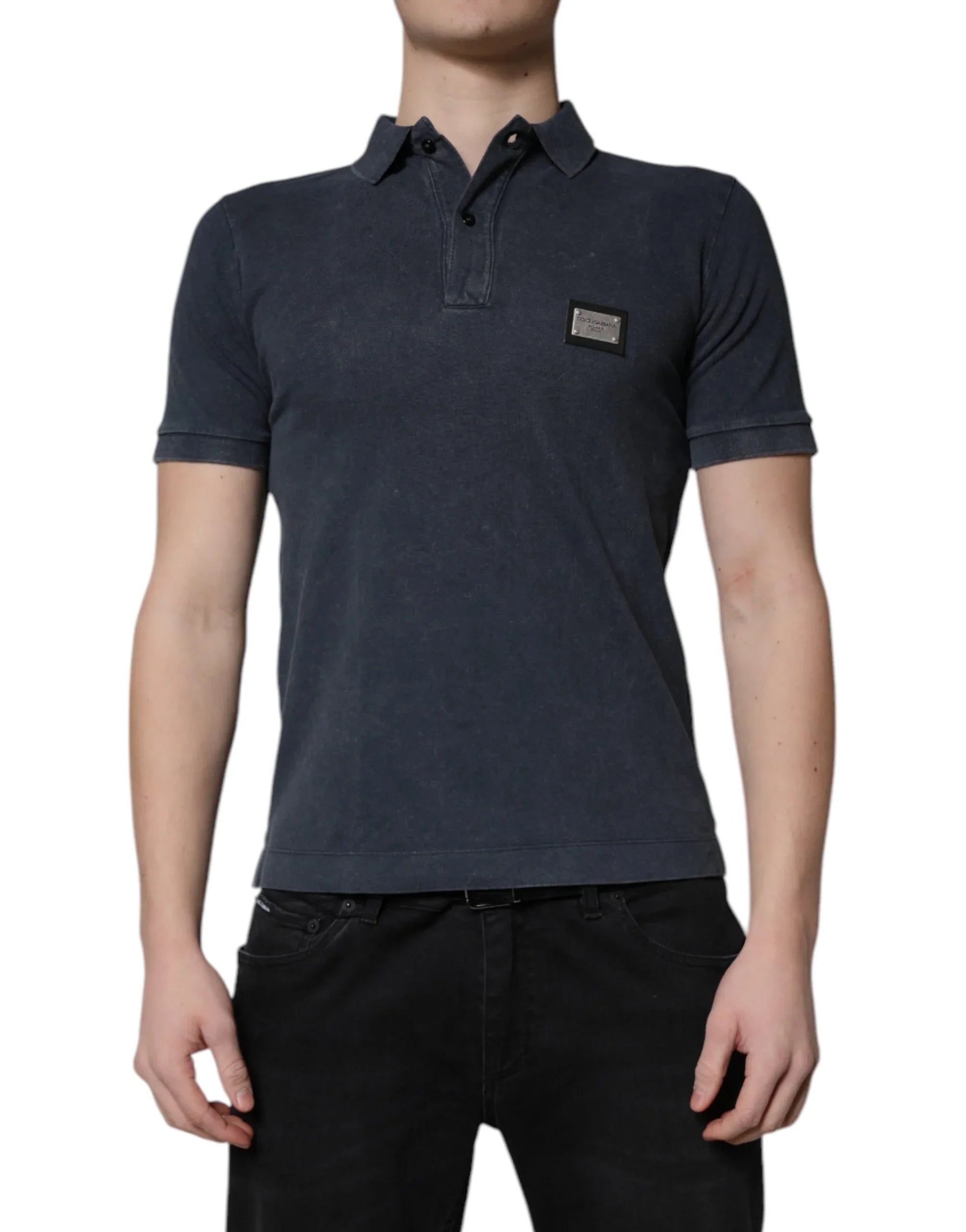 Dolce & Gabbana Dark Blue Logo Plaque Cotton Men Polo Shirt T-shirt - Zeiniez