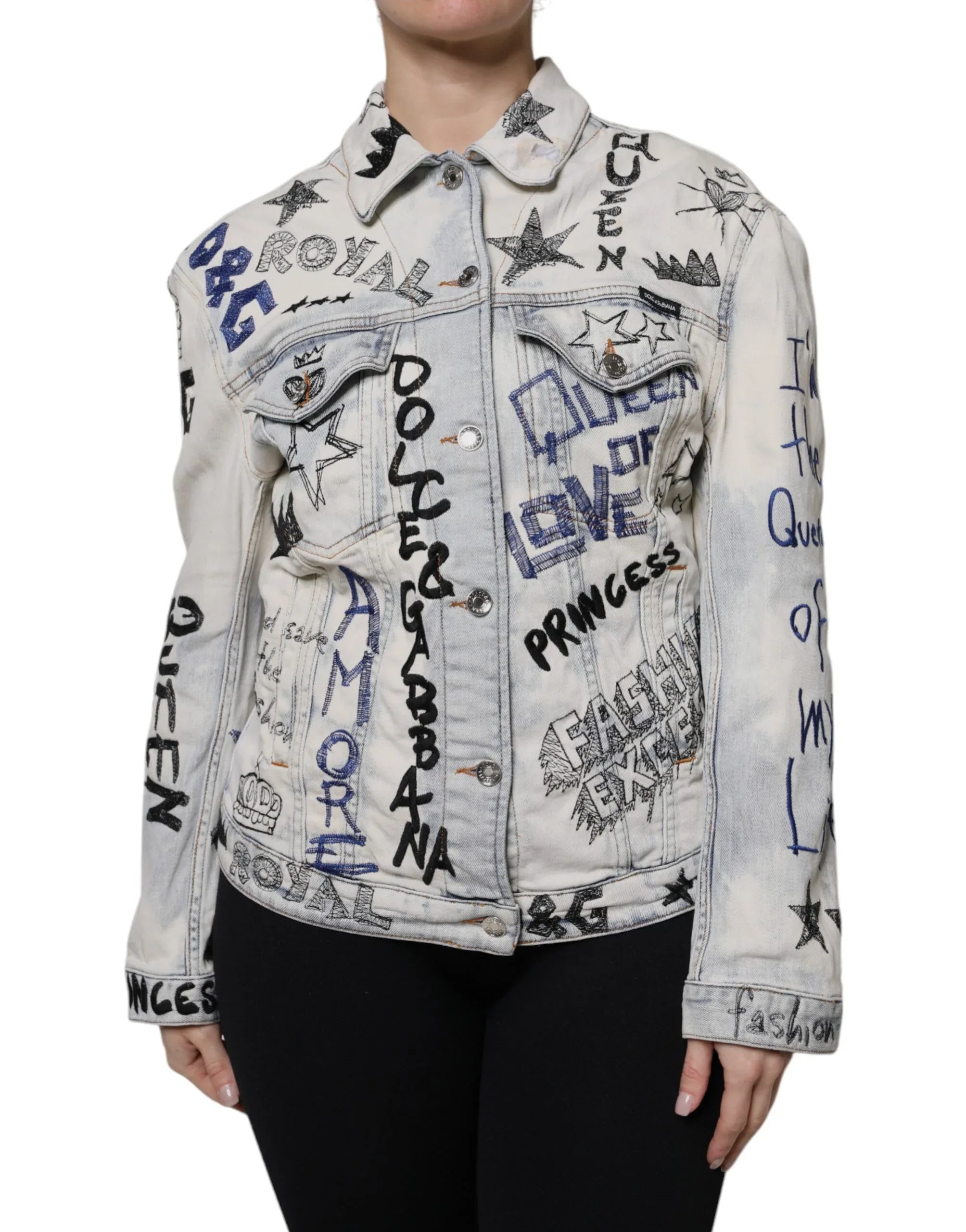Dolce & Gabbana Light Blue Graffiti Button Down Denim Jacket - Zeiniez