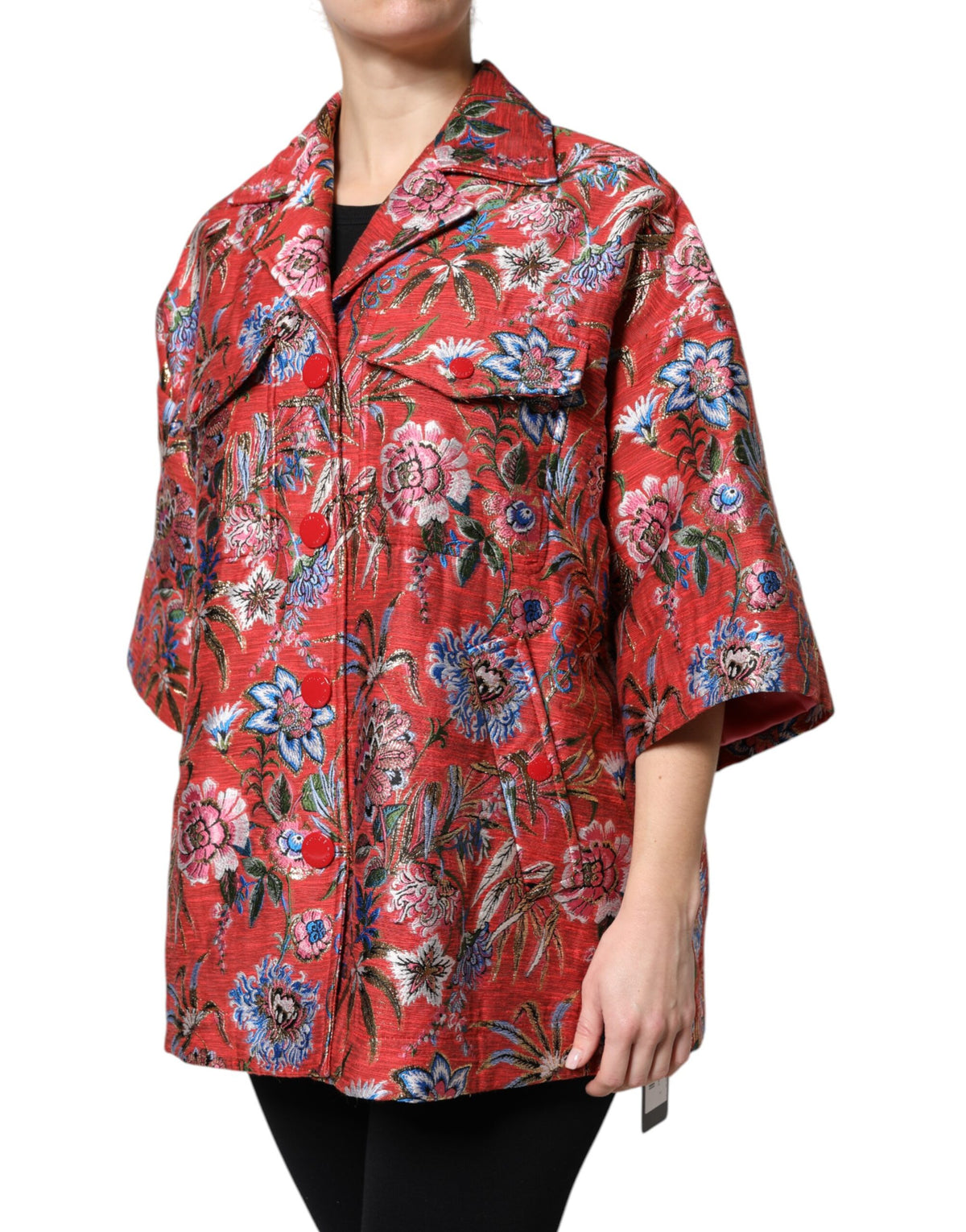 Dolce & Gabbana Red Floral Jacquard Button Down Coat Jacket