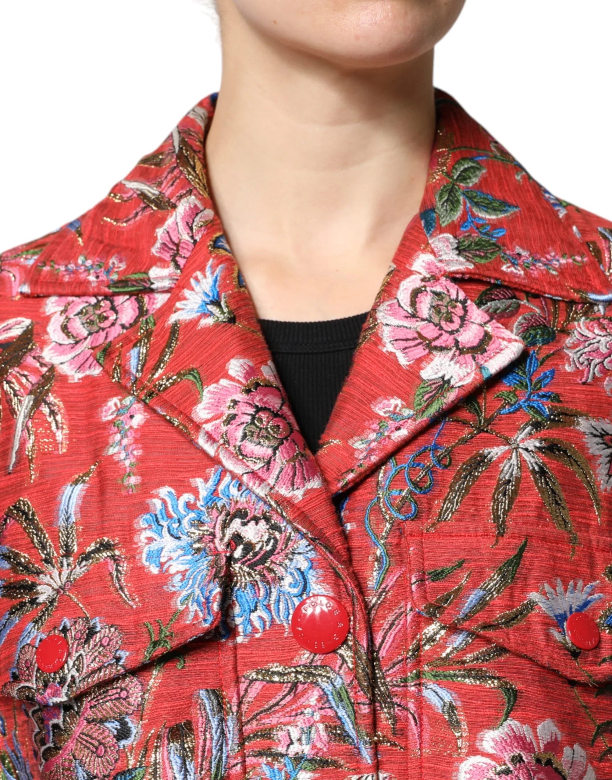 Dolce & Gabbana Red Floral Jacquard Button Down Coat Jacket - Zeiniez