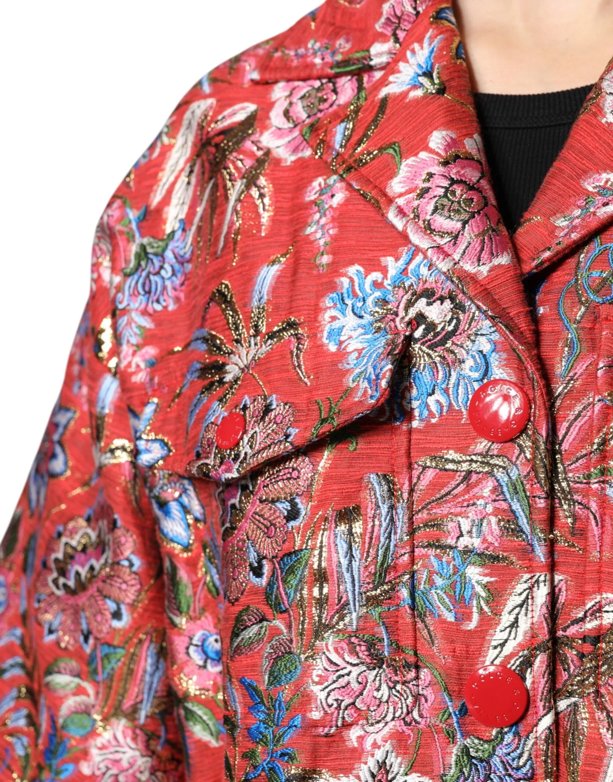 Dolce & Gabbana Red Floral Jacquard Button Down Coat Jacket - Zeiniez