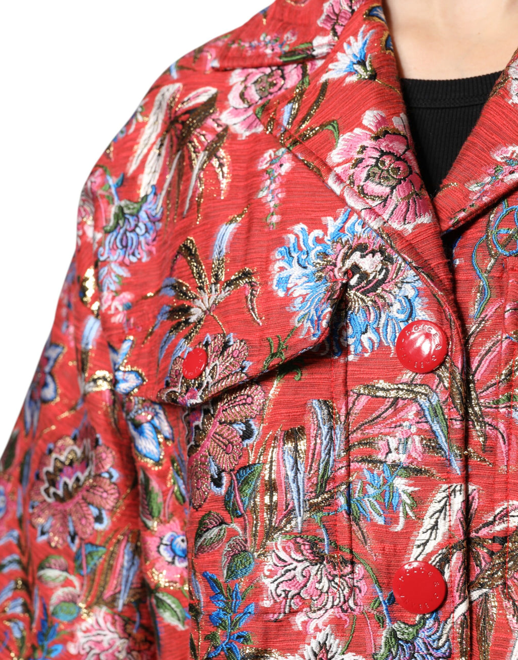 Dolce & Gabbana Red Floral Jacquard Button Down Coat Jacket