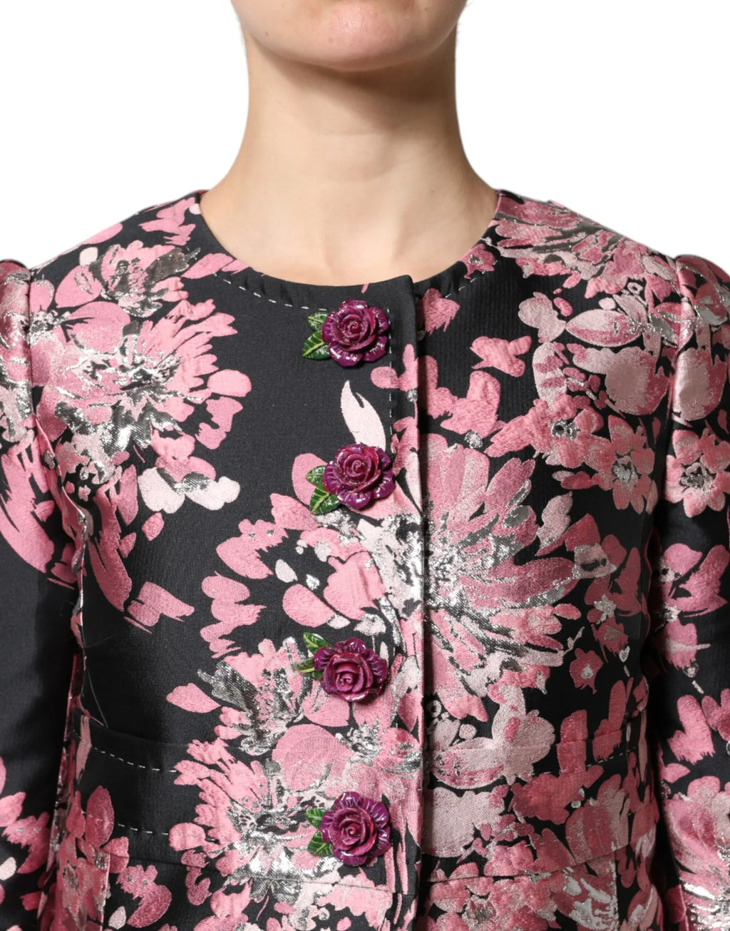 Dolce & Gabbana Pink Black Floral Brocade Trenchcoat Jacket - Zeiniez