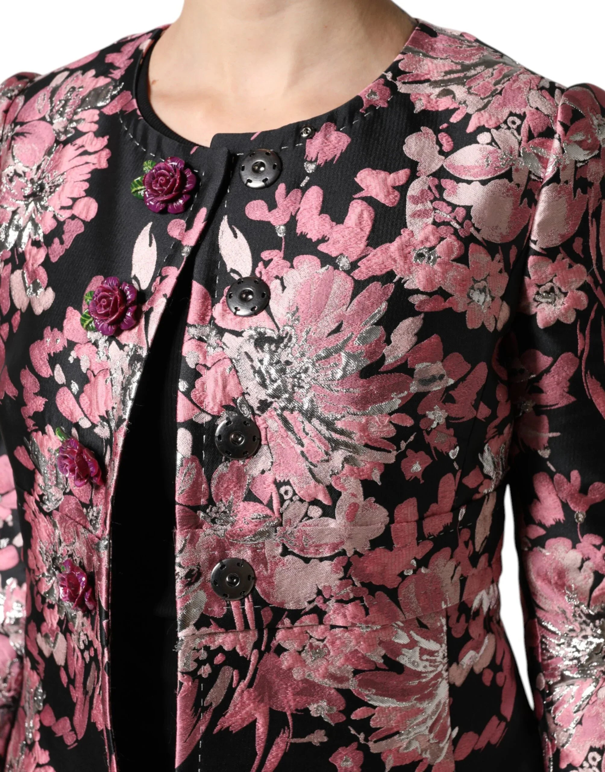 Dolce & Gabbana Pink Black Floral Brocade Trenchcoat Jacket - Zeiniez