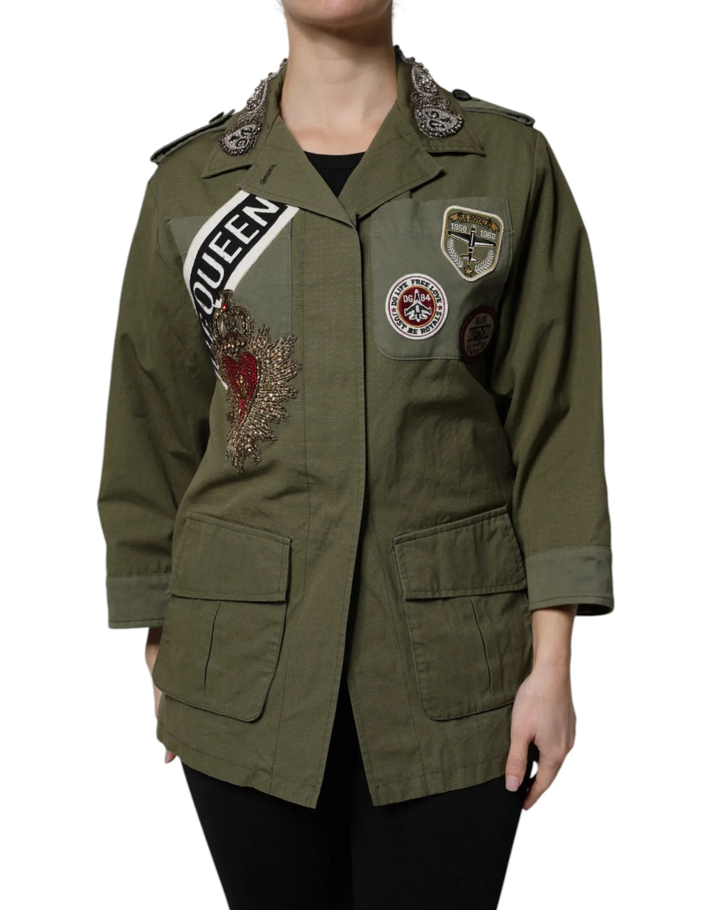 Dolce & Gabbana Military Green Queen Embellished Coat Jacket - Zeiniez