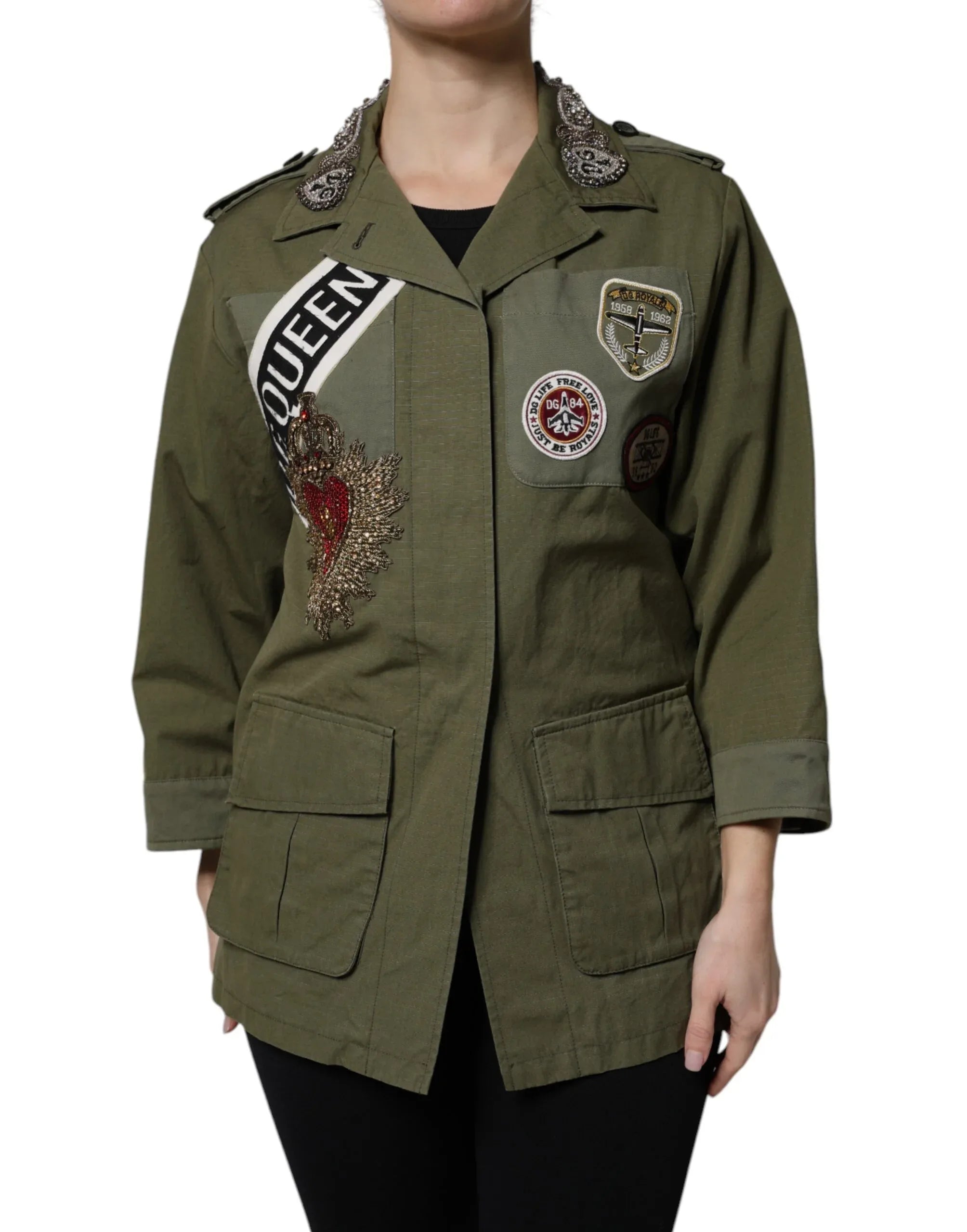 Dolce & Gabbana Military Green Queen Embellished Coat Jacket - Zeiniez