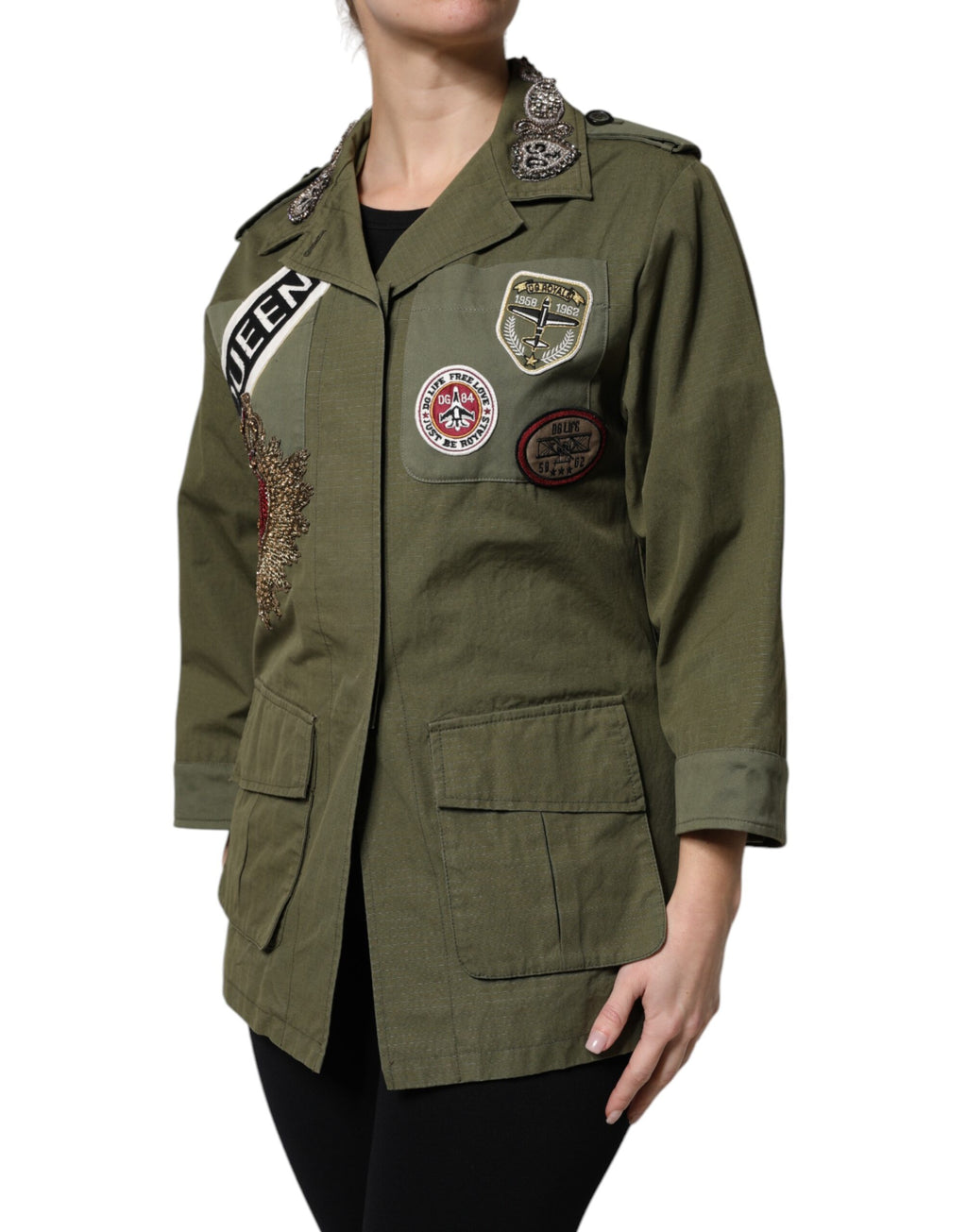 Dolce & Gabbana Military Green Queen Embellished Coat Jacket