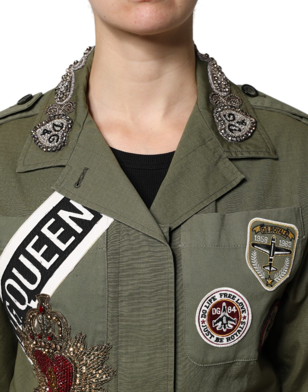 Dolce & Gabbana Military Green Queen Embellished Coat Jacket