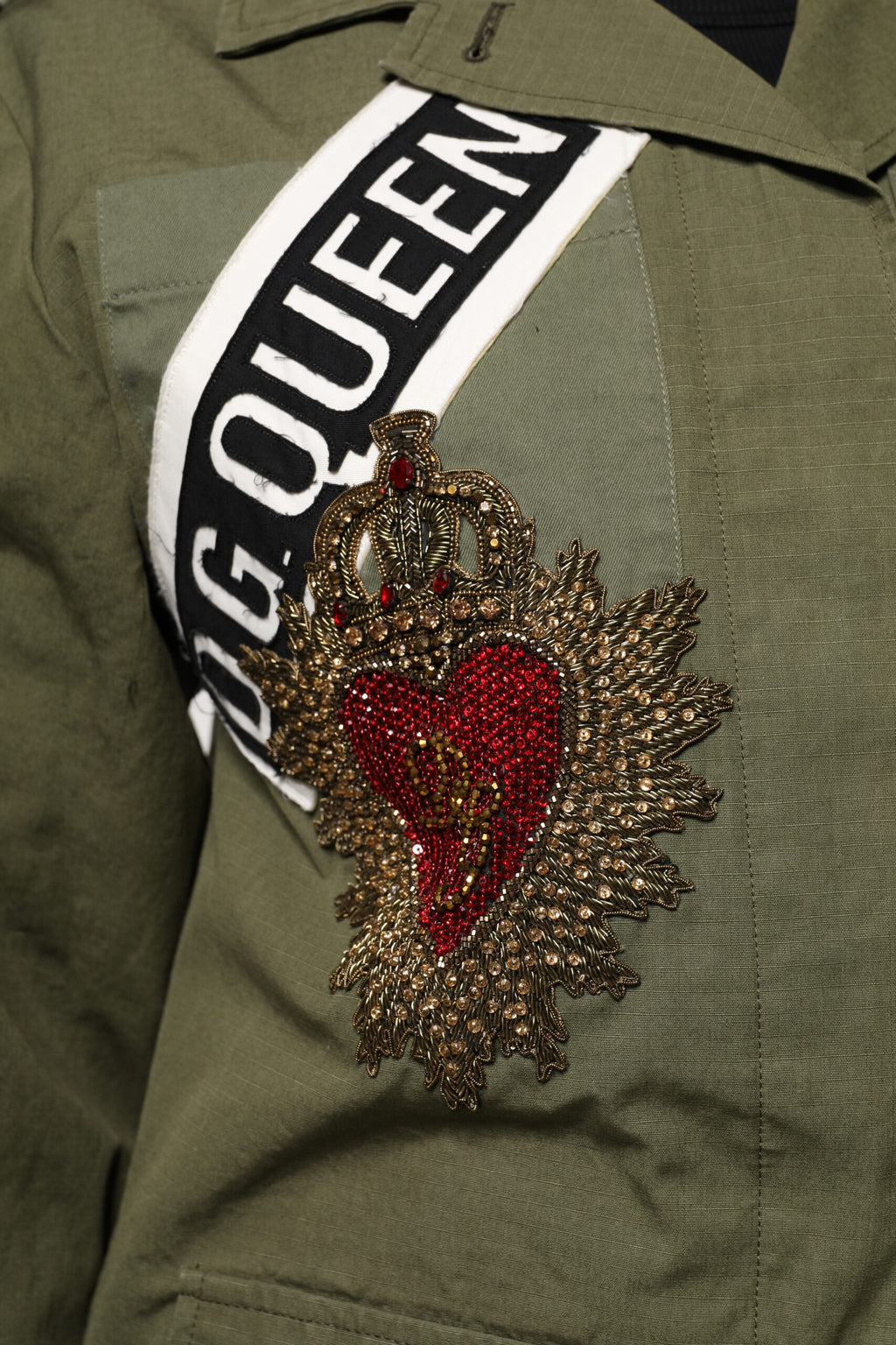 Dolce & Gabbana Military Green Queen Embellished Coat Jacket