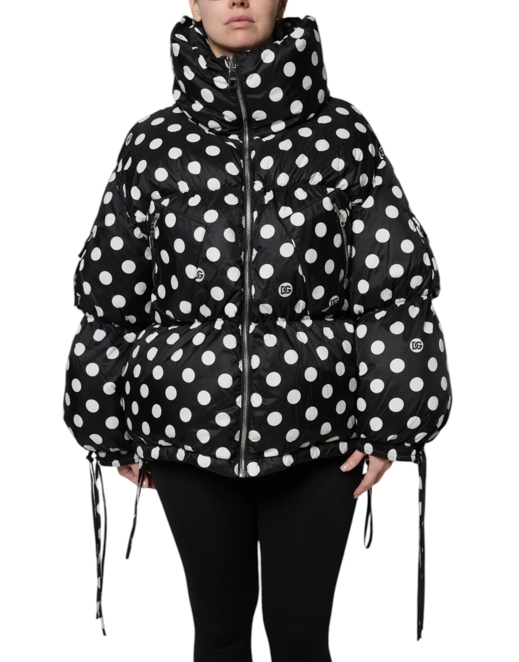 Dolce & Gabbana Black White Polka Dot Full Zip Puffer Jacket - Zeiniez
