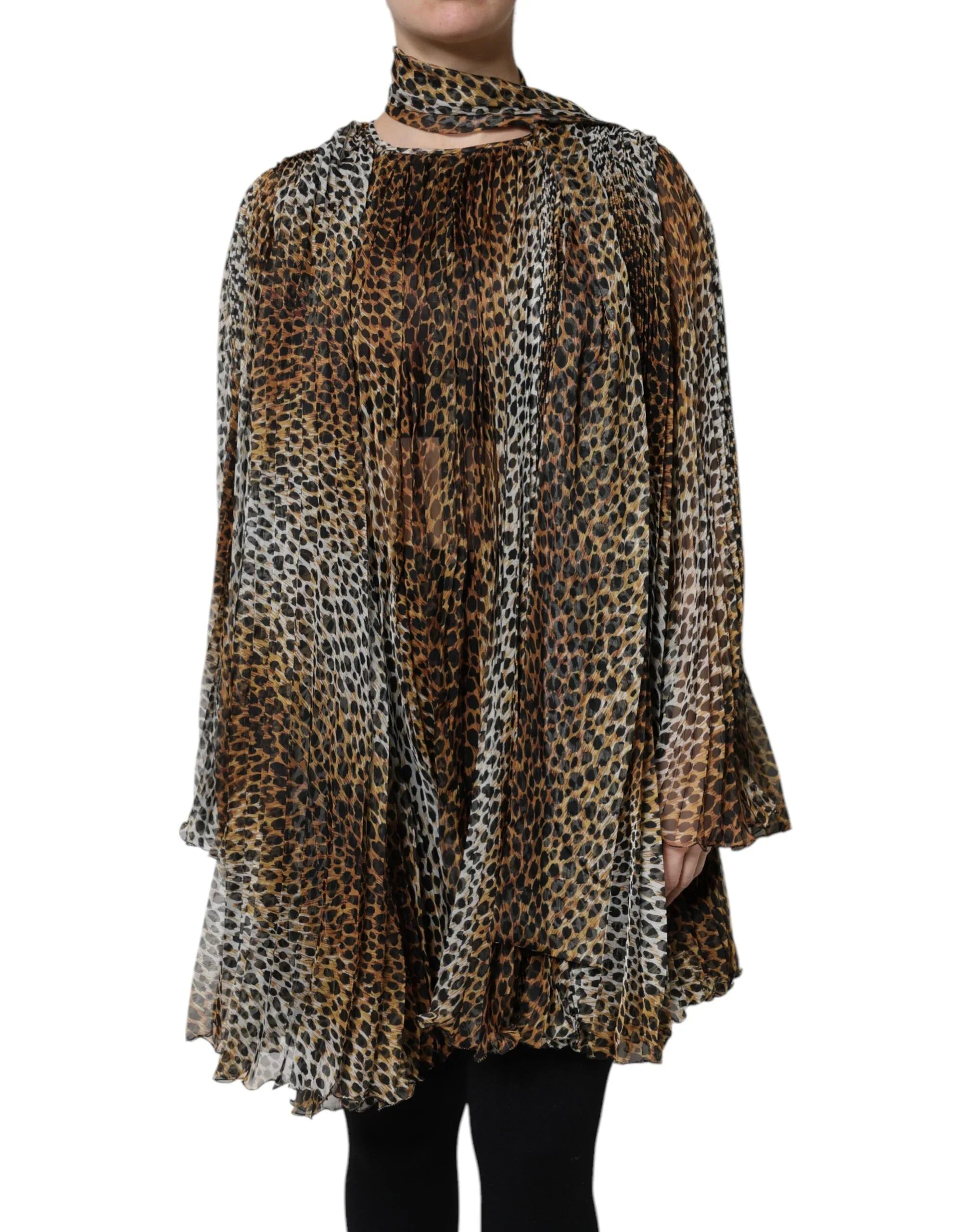 Dolce & Gabbana Brown Leopard Print Scarf Collared Chiffon Dress - Zeiniez