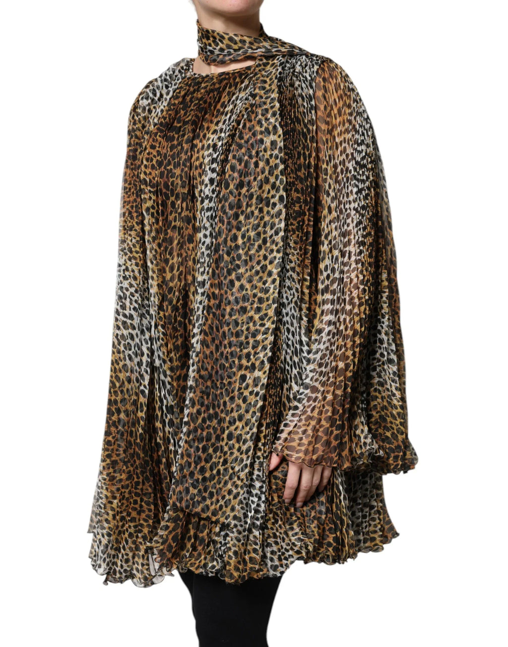 Dolce & Gabbana Brown Leopard Print Scarf Collared Chiffon Dress - Zeiniez