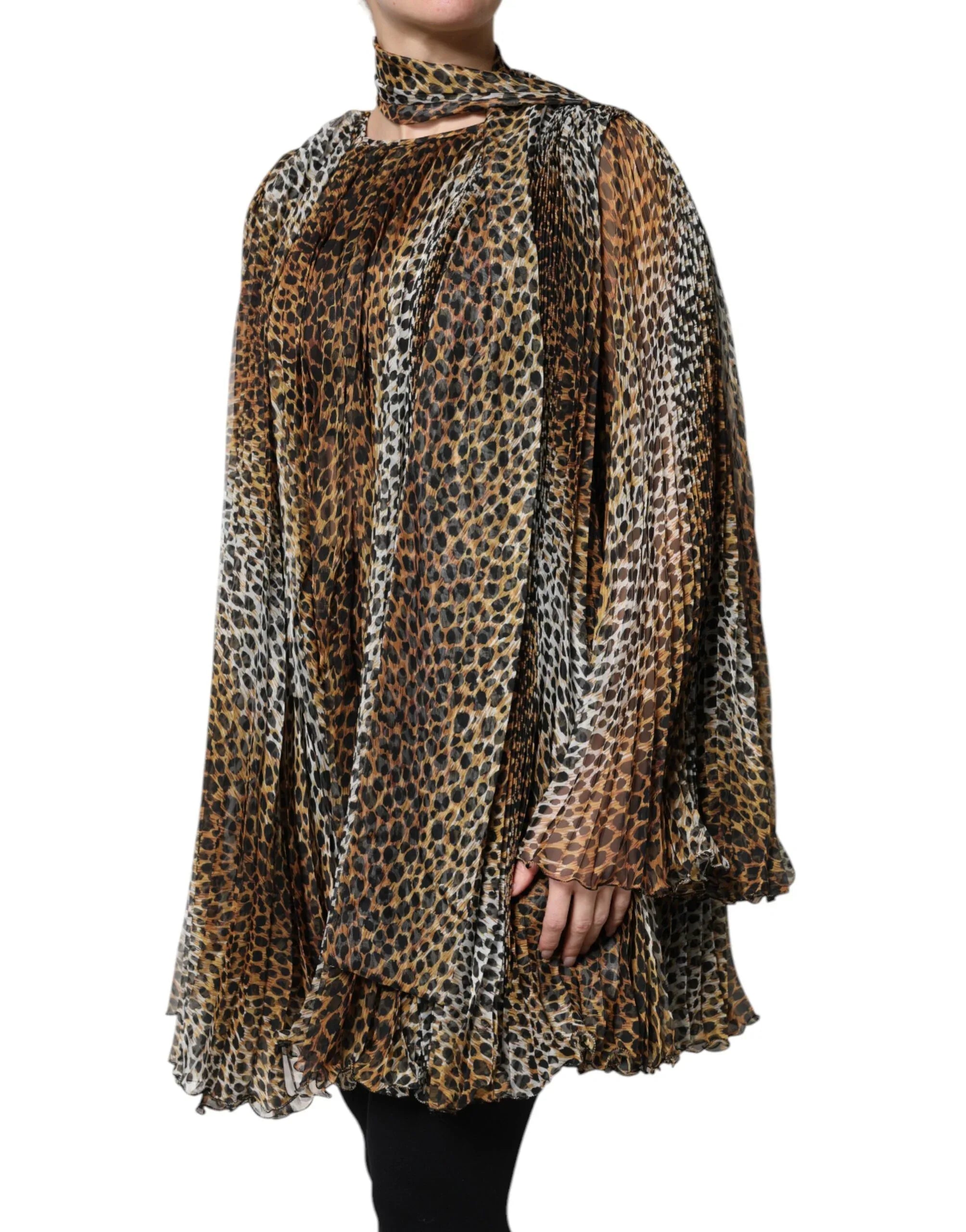 Dolce & Gabbana Brown Leopard Print Scarf Collared Chiffon Dress - Zeiniez