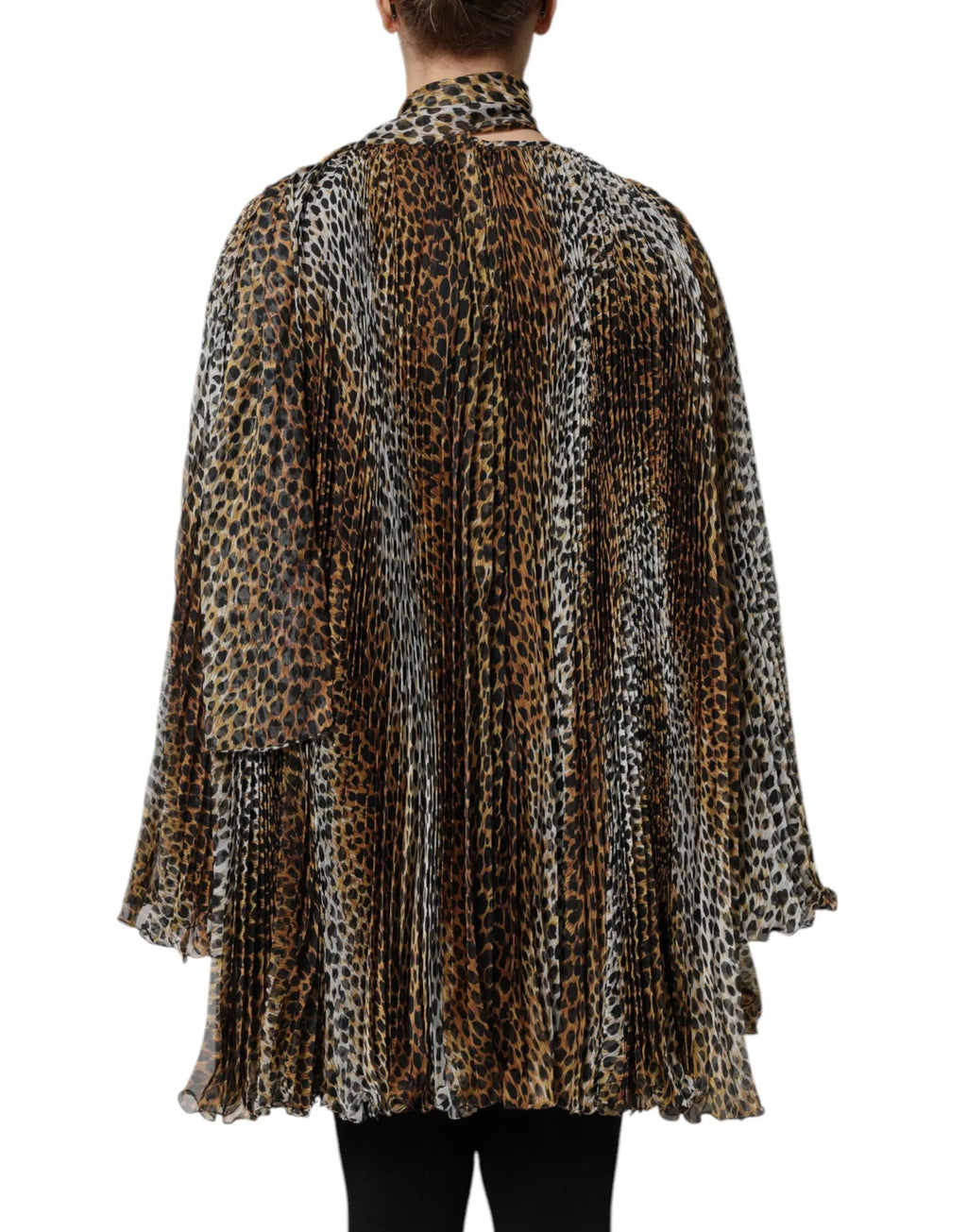 Dolce & Gabbana Brown Leopard Print Scarf Collared Chiffon Dress - Zeiniez
