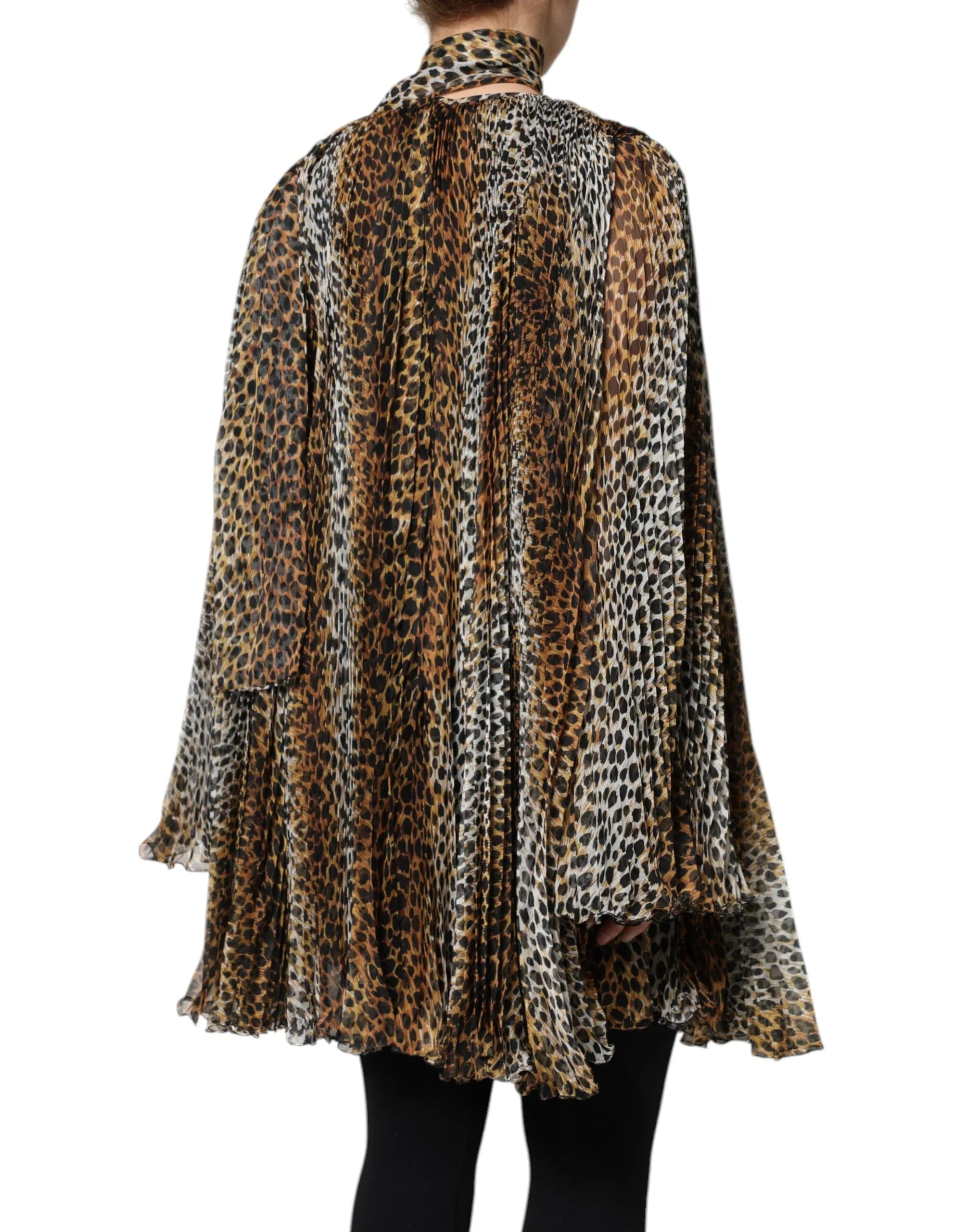 Dolce & Gabbana Brown Leopard Print Scarf Collared Chiffon Dress - Zeiniez
