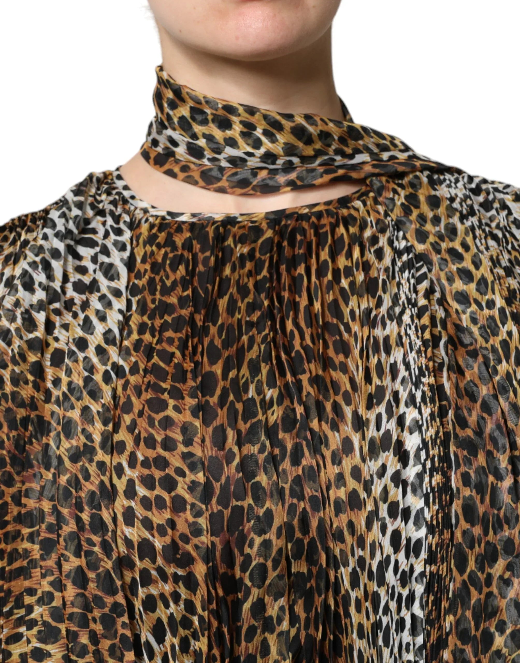 Dolce & Gabbana Brown Leopard Print Scarf Collared Chiffon Dress - Zeiniez