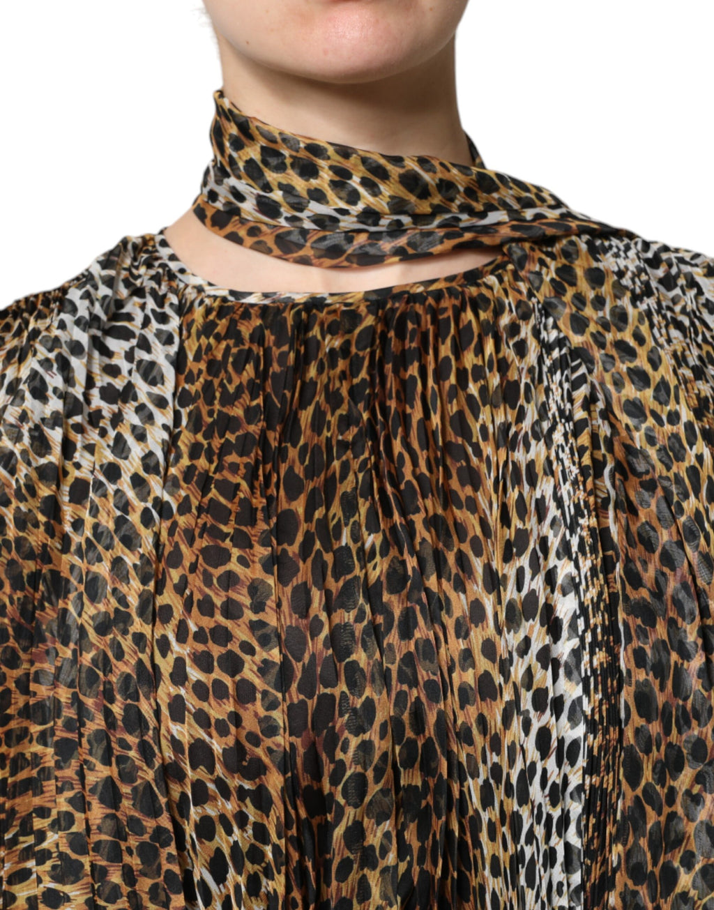 Dolce & Gabbana Brown Leopard Print Scarf Collared Chiffon Dress