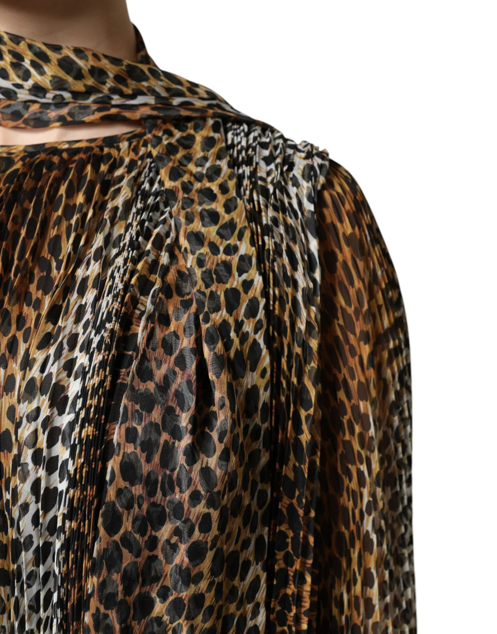 Dolce & Gabbana Brown Leopard Print Scarf Collared Chiffon Dress - Zeiniez