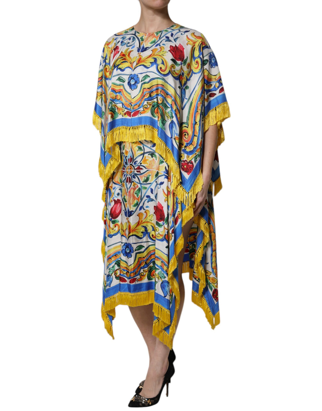 Dolce & Gabbana Multicolor Majolica Kaftan Short Sleeves Maxi Dress