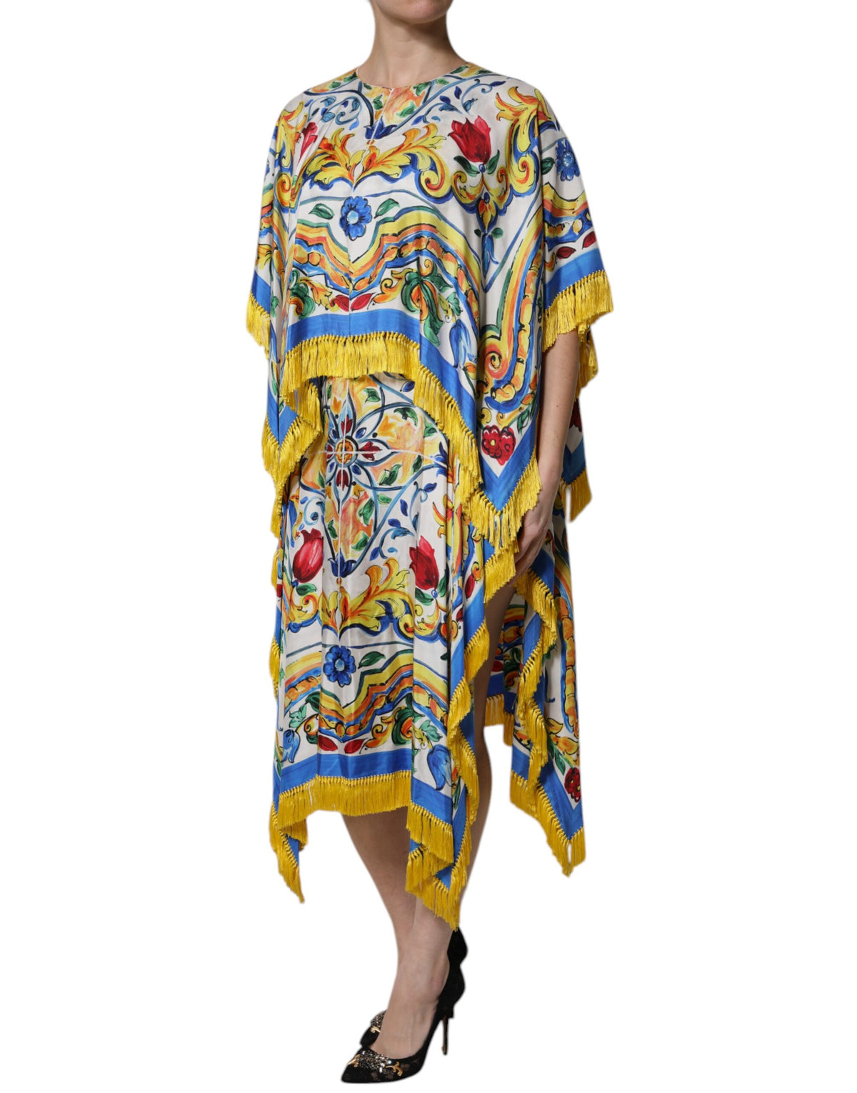 Dolce & Gabbana Multicolor Majolica Kaftan Short Sleeves Maxi Dress