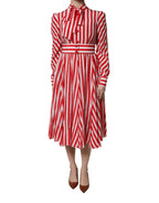 Dolce & Gabbana White Red Stripes Long Sleeves Midi Dress - Zeiniez