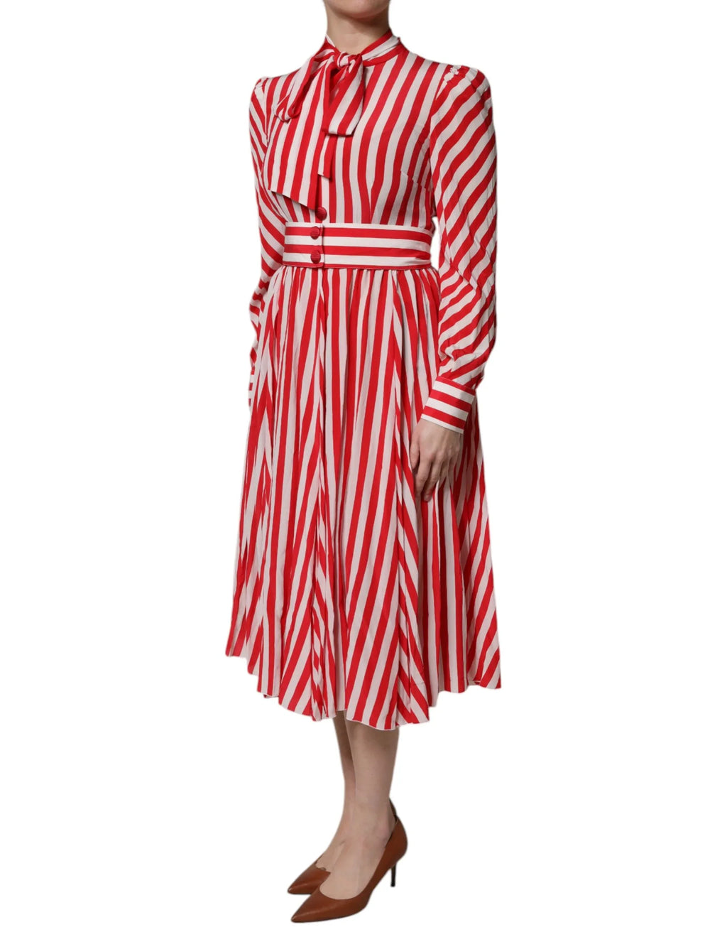 Dolce & Gabbana White Red Stripes Long Sleeves Midi Dress - Zeiniez
