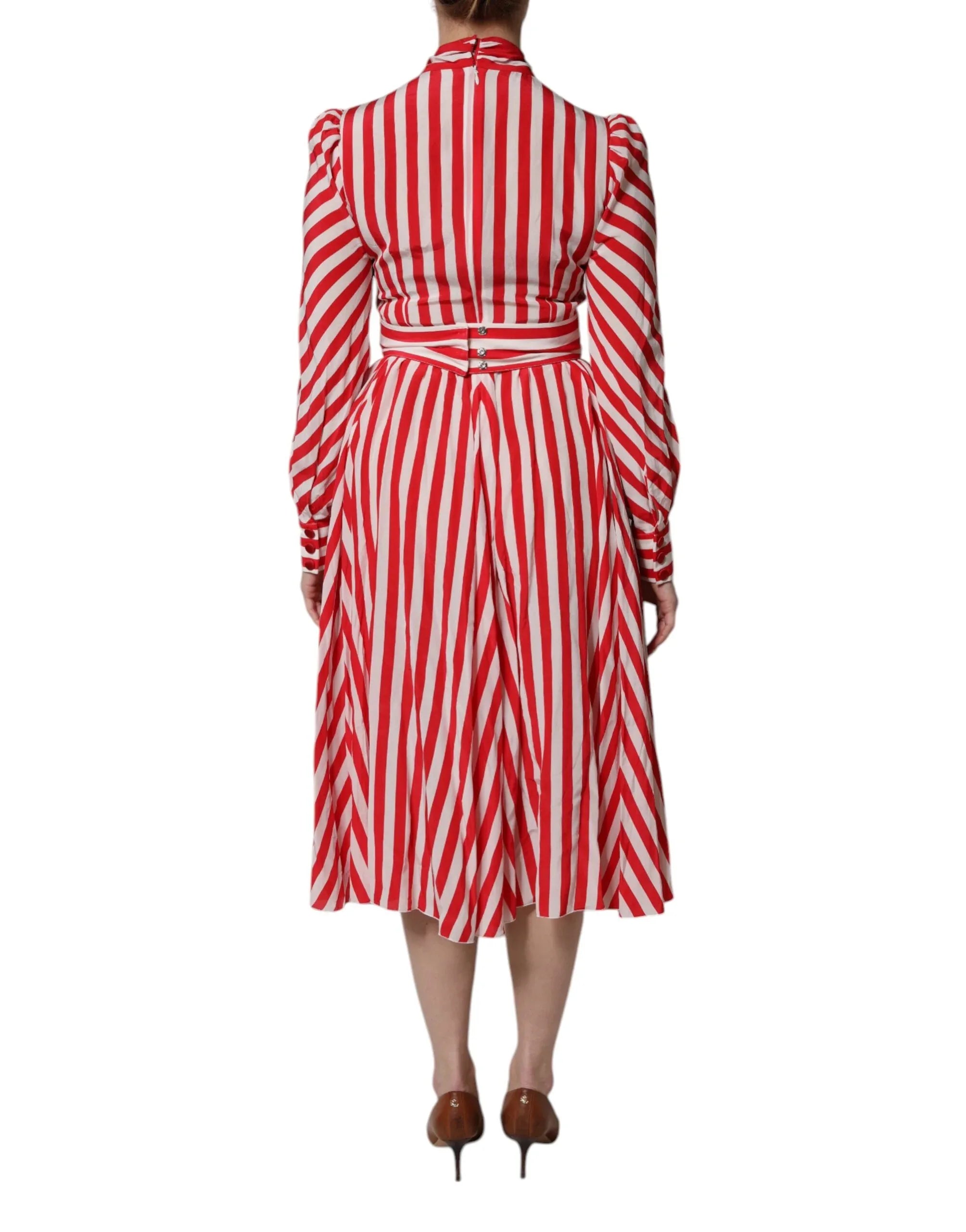 Dolce & Gabbana White Red Stripes Long Sleeves Midi Dress - Zeiniez