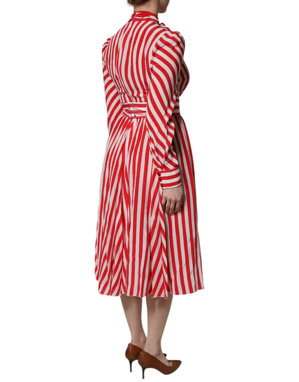 Dolce & Gabbana White Red Stripes Long Sleeves Midi Dress - Zeiniez