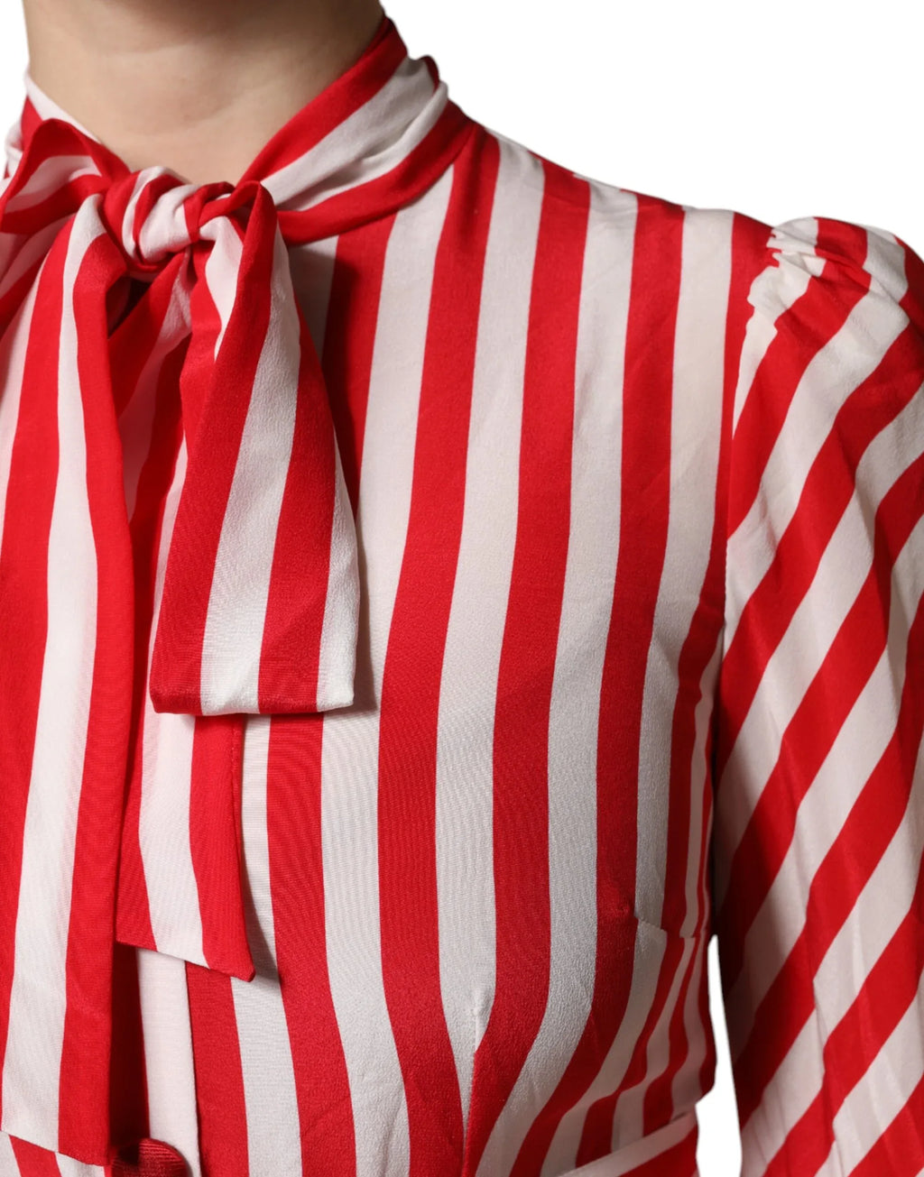 Dolce & Gabbana White Red Stripes Long Sleeves Midi Dress - Zeiniez