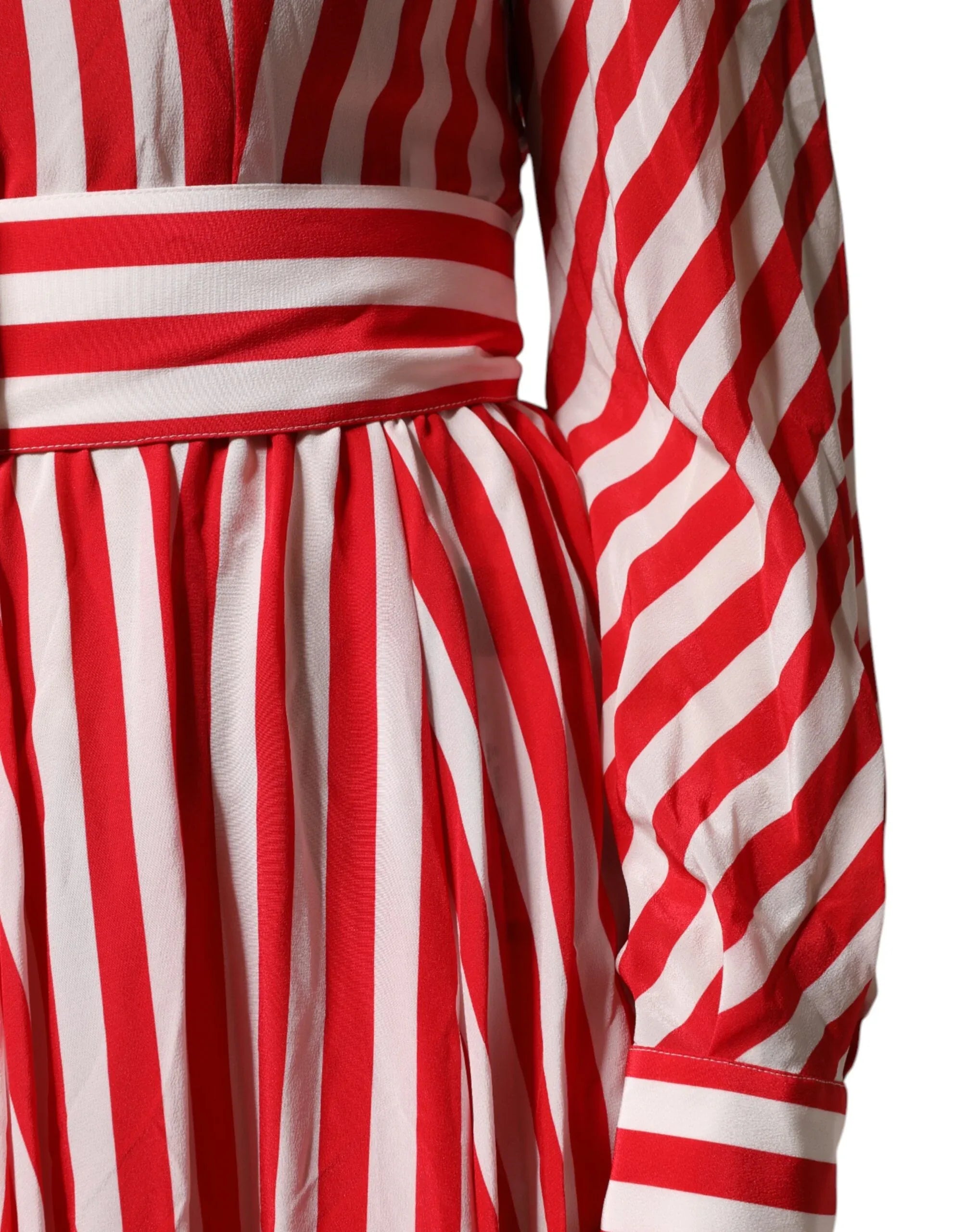 Dolce & Gabbana White Red Stripes Long Sleeves Midi Dress - Zeiniez