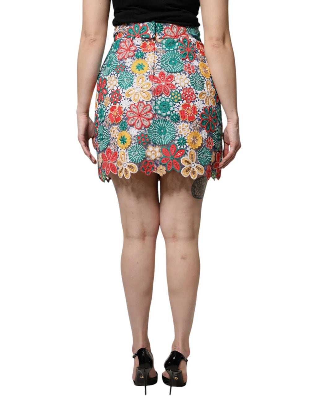 Dolce & Gabbana Multicolor Floral Lace High Waist Mini Skirt - Zeiniez