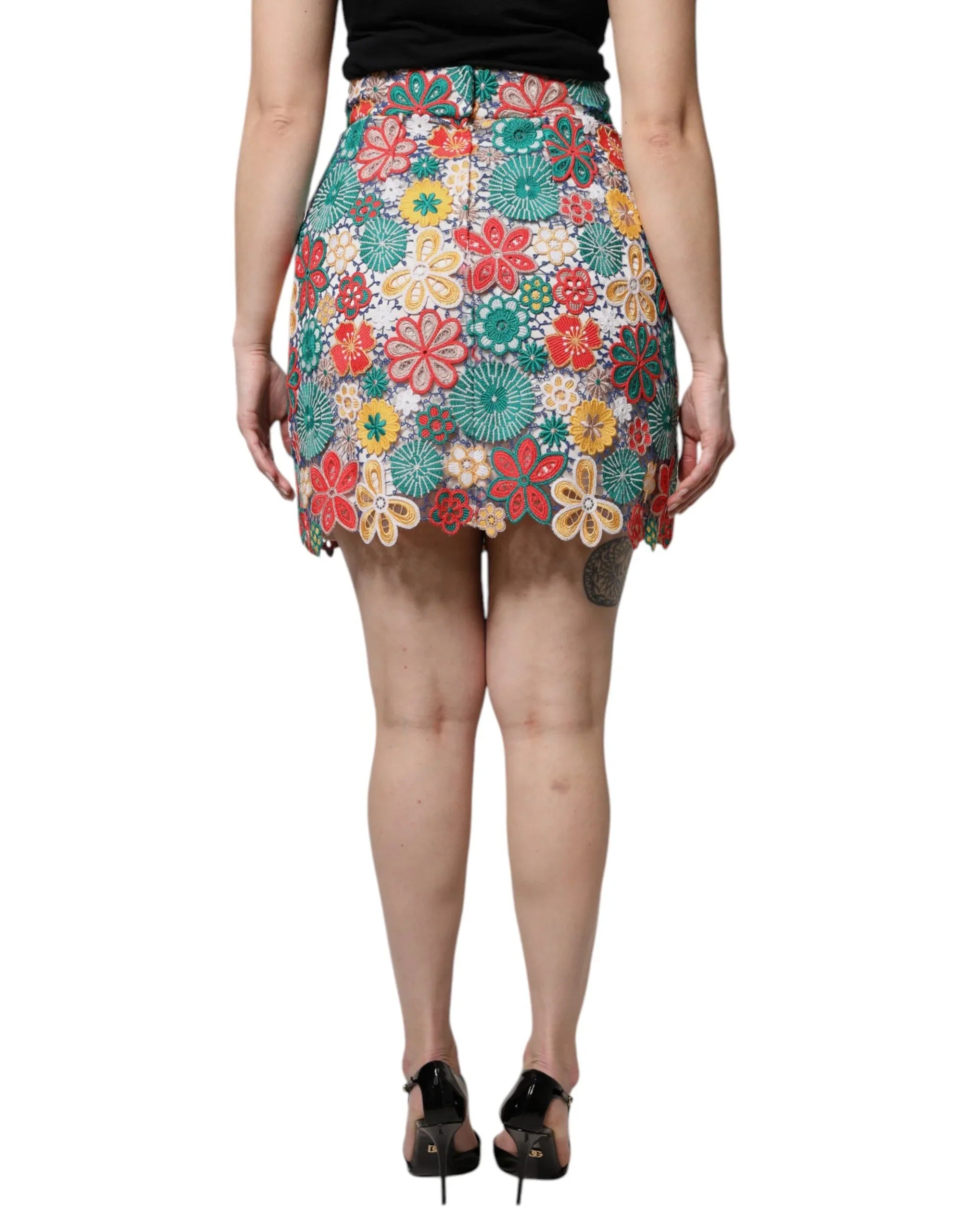 Dolce & Gabbana Multicolor Floral Lace High Waist Mini Skirt - Zeiniez