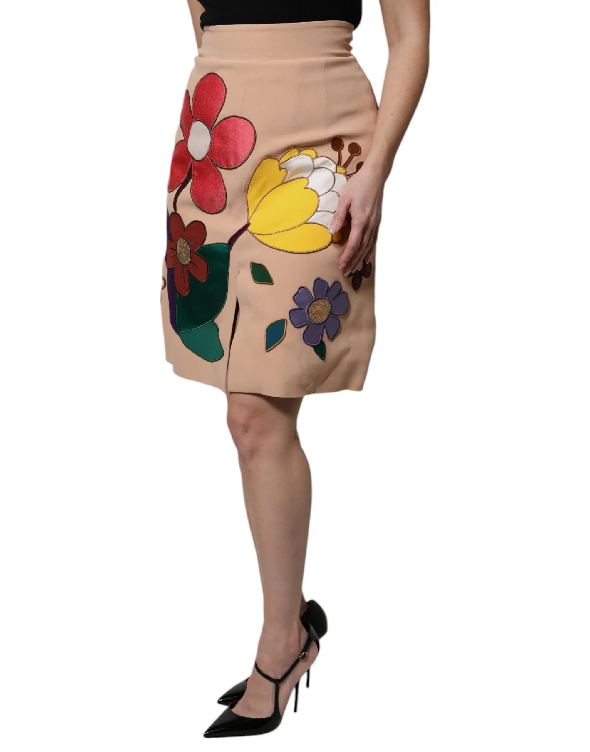 Dolce & Gabbana Beige Floral High Waist Pencil Cut Skirt - Zeiniez