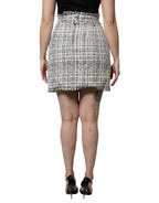 Dolce & Gabbana White Black High Waist Tartan Tweed Mini Skirt - Zeiniez