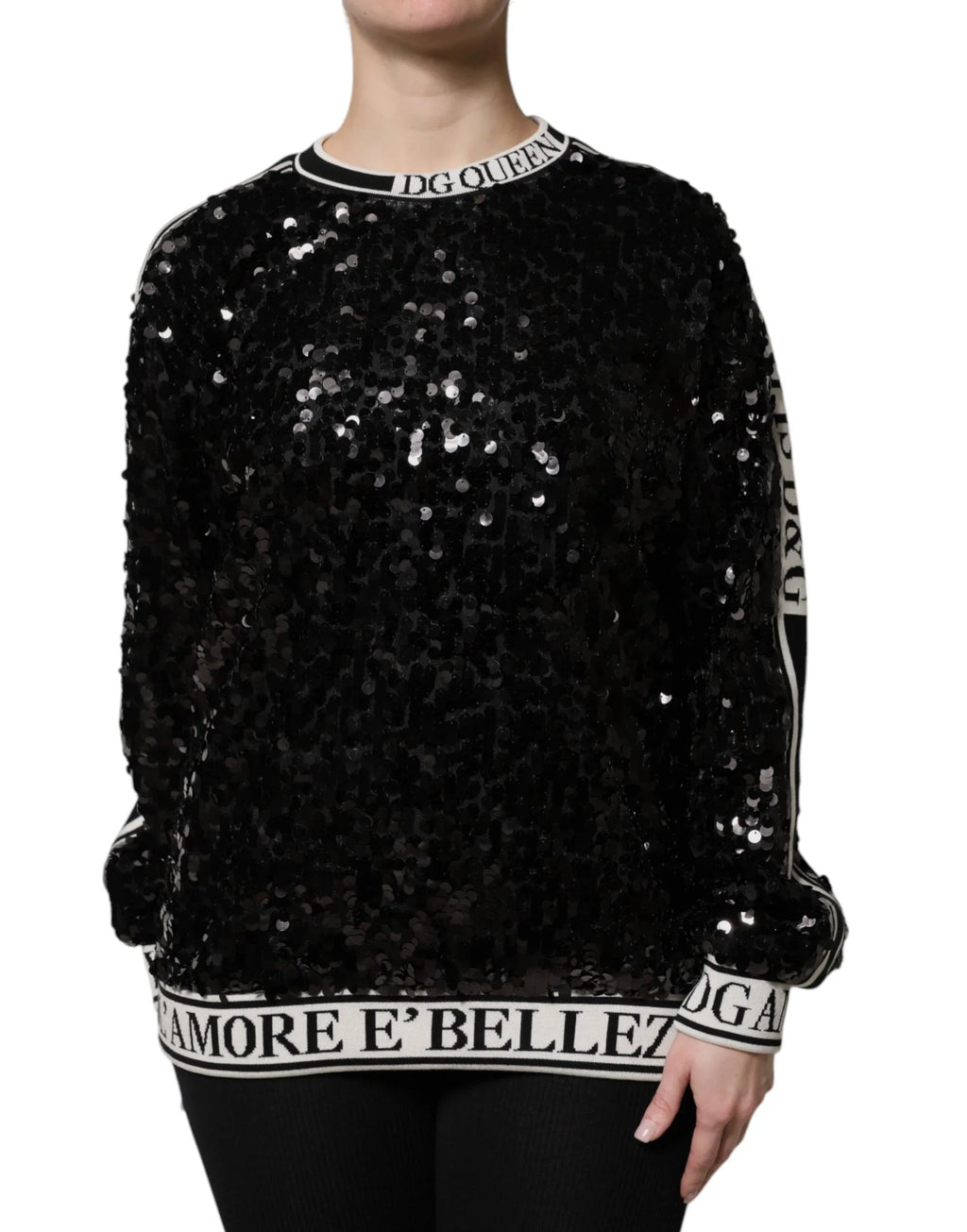 Dolce & Gabbana Black DG Queen Sequin Pullover Sweater - Zeiniez