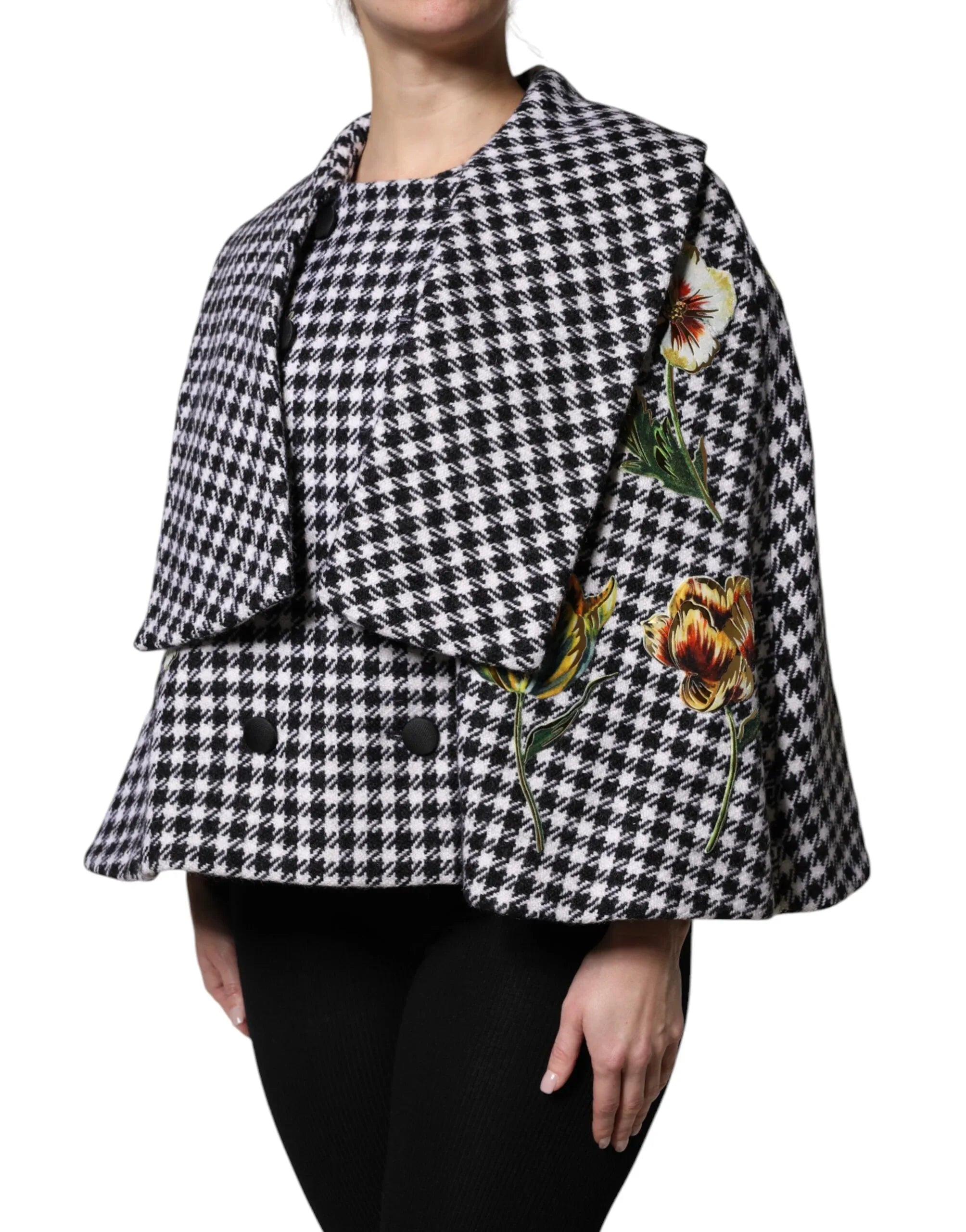 Dolce & Gabbana Black White Monochrome Patterned Floral Cape Jacket - Zeiniez