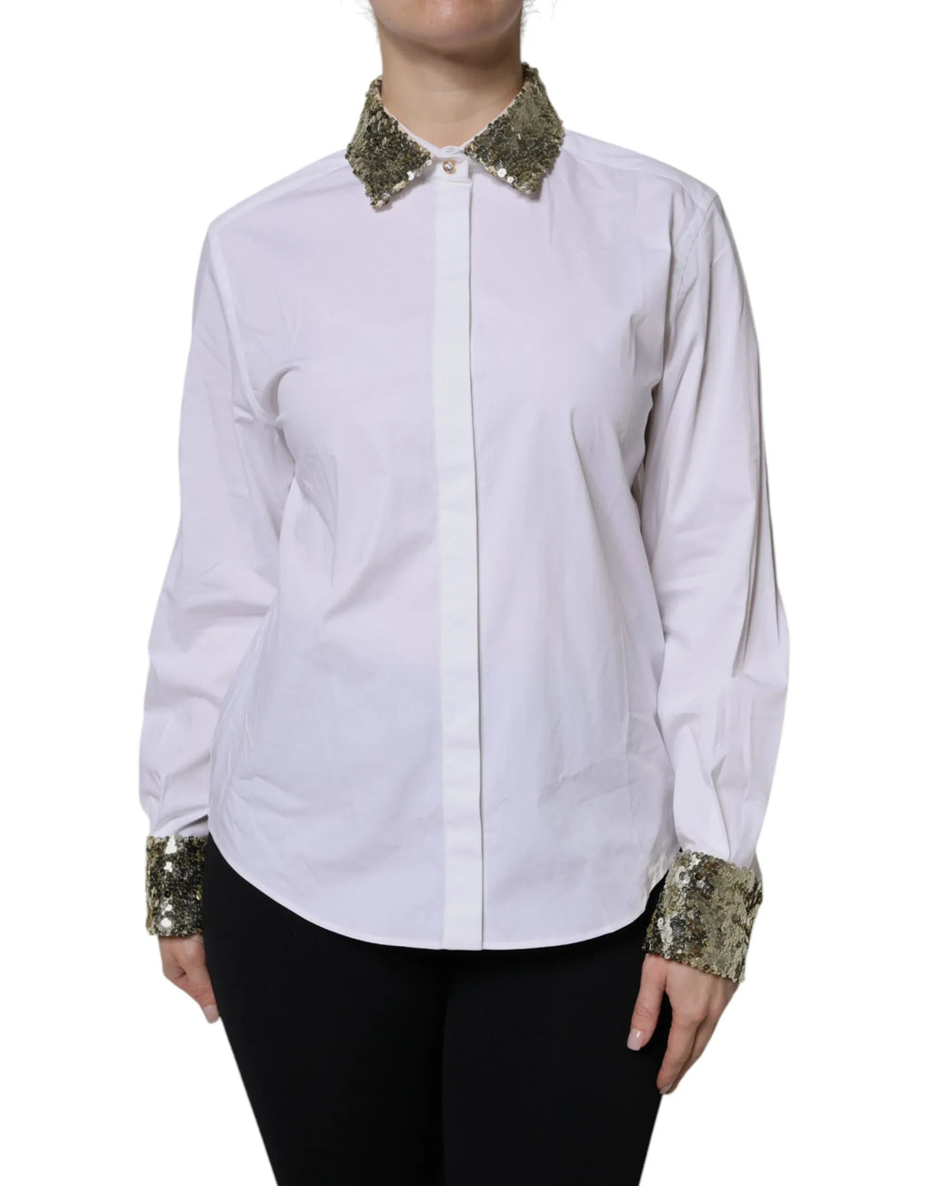 Dolce & Gabbana White Cotton Long Sleeves Sequin Shirt Top - Zeiniez